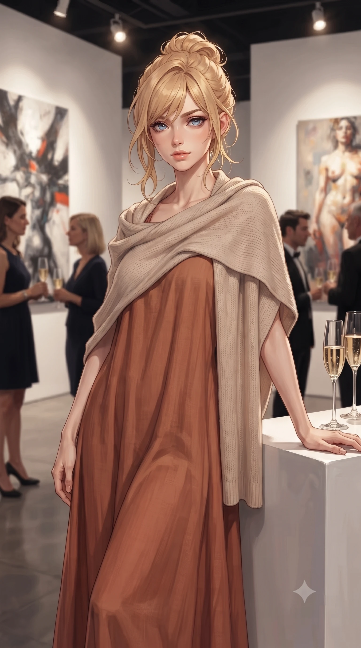 score_9, masterpiece, best quality, ultra-detailed, high-budget anime keyframe, editorial fashion photography, tasteful artistic composition, Caucasian woman, strictly human ears. close-up cowboy shot from the waist and thighs up, the character dominates the composition, filling the frame with her large presence, background elements kept in soft focus. Resting one arm elegantly against a surface with a poised relaxed stance. set against a soft-focus background of a prestigious contemporary art gallery on opening night with stark white walls displaying dramatic large-scale paintings elegant guests visible in soft focus and champagne flutes catching focused gallery lighting. She has an exceptionally elegant and slender, willowy female figure with an ultra-slim waist, a gracefully sculpted slender torso, and a refined slim physique. sharp v-shaped jawline, high-bridge nose, intricate jewel-like eyes with depth, thick eyelashes, glossy lips with a natural sheen. wearing a flowing terracotta-colored linen maxi dress with a relaxed fit, layered with a light beige knitted shawl. precise museum-grade spotlights illuminating artwork with warm pools of light creating a sophisticated gallery atmosphere against white walls with soft ambient party lighting. 2k, ultra detail, master piece, 9:16 ratio