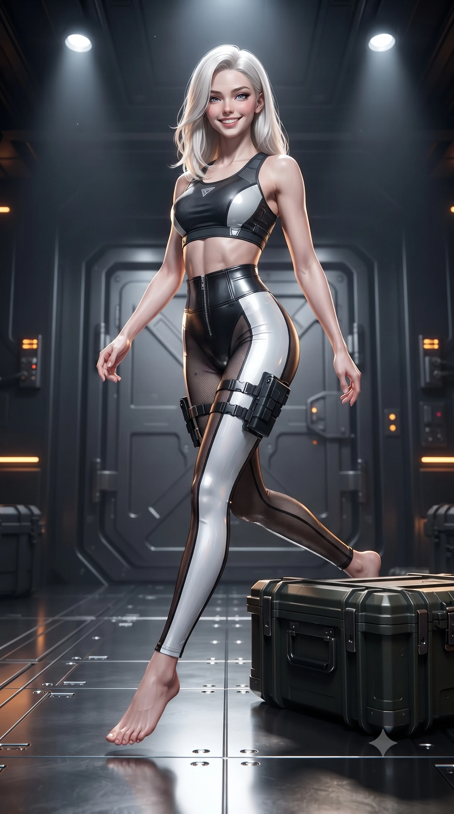 score_9, masterpiece, best quality, ultra-detailed, high-budget anime keyframe, editorial fashion photography, tasteful artistic composition, Caucasian woman. low angle full-body shot from head to toe showing her feet, filling the entire 9:16 vertical frame with her statuesque presence, stretching her vertical silhouette. striding forward gracefully across the reflective metal deck in mid-motion with a radiant beaming smile, hips swaying in an alluring kinetic rhythm that accentuates her curvy hourglass silhouette and long slender legs while sitting perched on an armored ammunition crate with one knee drawn up, her sleek tactical combat suit radiating powerful sensual charisma. The surrounding environment is rendered in vivid detail and crisp panoramic clarity: sharp brushed steel gunmetal textures, plasma energy cell glowing vents, and heavy armored vault door bolts in deep focus. She has an absolutely perfect, statuesque 8.5-heads proportion, an exceptionally tall and slender model-like female figure with impossibly long slender legs, an ultra-slim waist, a flat toned midriff, narrow delicate ribcage, and beautifully sculpted feminine hips creating a graceful, slim hourglass silhouette without any bulky heaviness. sharp v-shaped jawline, high-bridge nose, intricate jewel-like sparkling eyes with depth, thick eyelashes, glossy parted lips with a natural sheen, bright confident smile with an enchanting and coquettish sensual glint, exuding both youthful magnetic charm and sovereign high-tech allure, flawlessly proportioned anatomical accuracy, strict slender model proportions, natural body alignment, perfectly sculpted long slender limbs, ultra-slim waistline, clean dynamic posture without body distortion. wearing a tactical racerback athletic crop top paired with skin-tight high-waisted holographic combat leggings in dual-tone high-contrast monochrome black and stark white, crafted from sheer technical cyber-lace reinforced with ultra-thin Kevlar threads, finished with polished chrome buckle hardware and modular magnetic holster clasps, the high-waisted tailoring accentuating her ultra-slim waistline and the enchanting curve of her feminine hips with alluring dark charm. illuminated by focused overhead spotlighting and sharp amber rim lights defining her slim torso, narrow waist, and curvy hips. ultra-reflective glossy finish, specular highlights, rich textural contrasts, high-contrast stereoscopic depth, volumetric dynamic lighting, 2k, ultra detail, master piece, 9:16 ratio