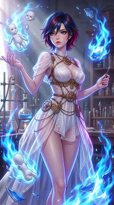score_9, masterpiece, best quality, ultra-detailed, high-budget anime keyframe, Japanese woman. upper body close-up from the thighs up, character filling the screen for maximum presence. assisting in an alchemical porcelain workshop where floating wh