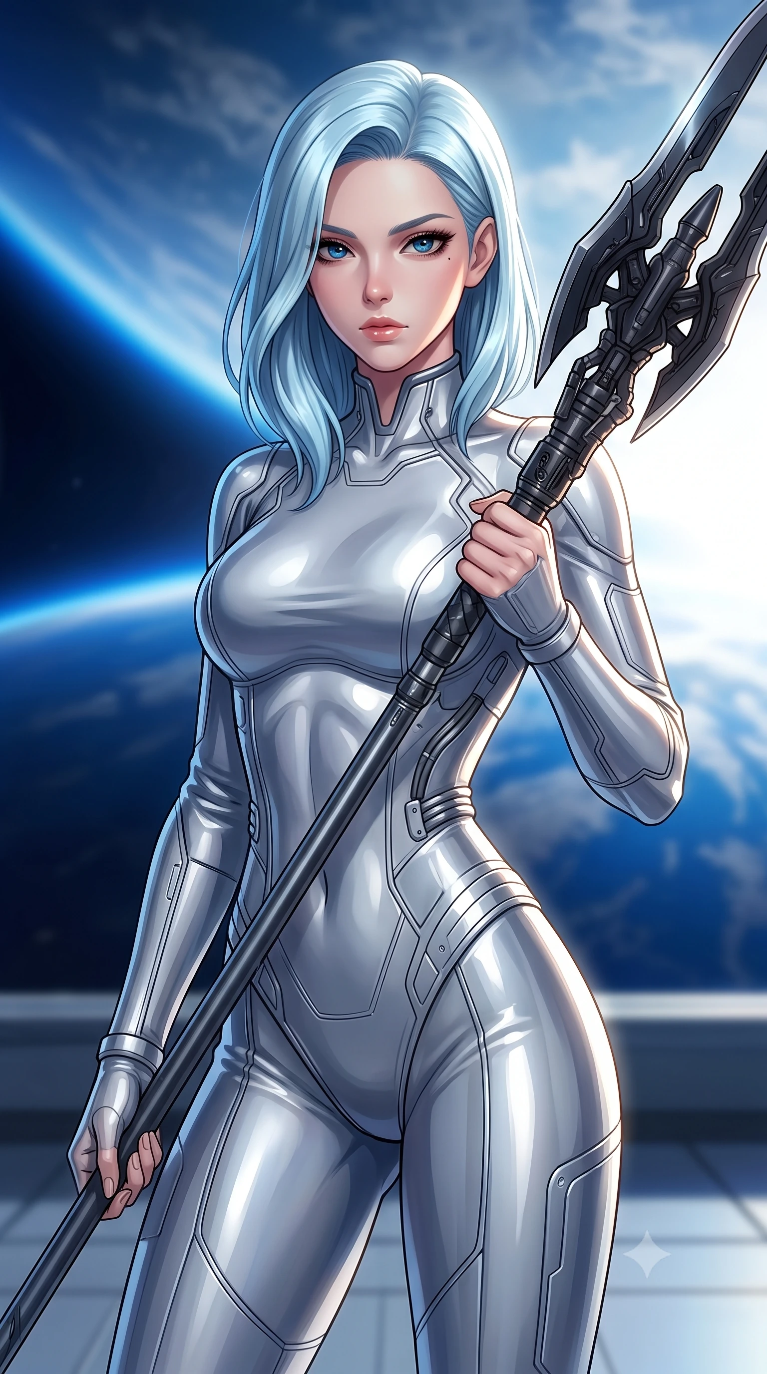 score_9, masterpiece, best quality, ultra-detailed, high-budget anime keyframe, editorial fashion photography, tasteful artistic composition, Korean woman. close-up cowboy shot from the waist and thighs up, the character dominates the composition, filling the frame with her large presence, background elements kept in soft focus. holding a deactivated nanotech glaive, looking past the camera with quiet, sharp focus and a composed expression, the background shows a soft-focus an orbital observation platform looking down at the curved atmosphere of Earth. She has an exceptionally elegant, slender, and willowy female figure with an ultra-slim waist, a gracefully sculpted slender torso, and a refined silhouette. sharp v-shaped jawline, high-bridge nose, intricate jewel-like eyes with depth, thick eyelashes, glossy lips with a natural sheen. wearing a tailored form-contouring liquid silver space flight under-suit, contouring her athletic, slender build. blinding raw sunlight clashing with the deep blue curve of the planetary horizon. highly saturated vibrant anime colors, detailed shading with soft gradients, rich glossy textures, high-contrast stereoscopic depth, volumetric dynamic lighting, master piece, 9:16 ratio
