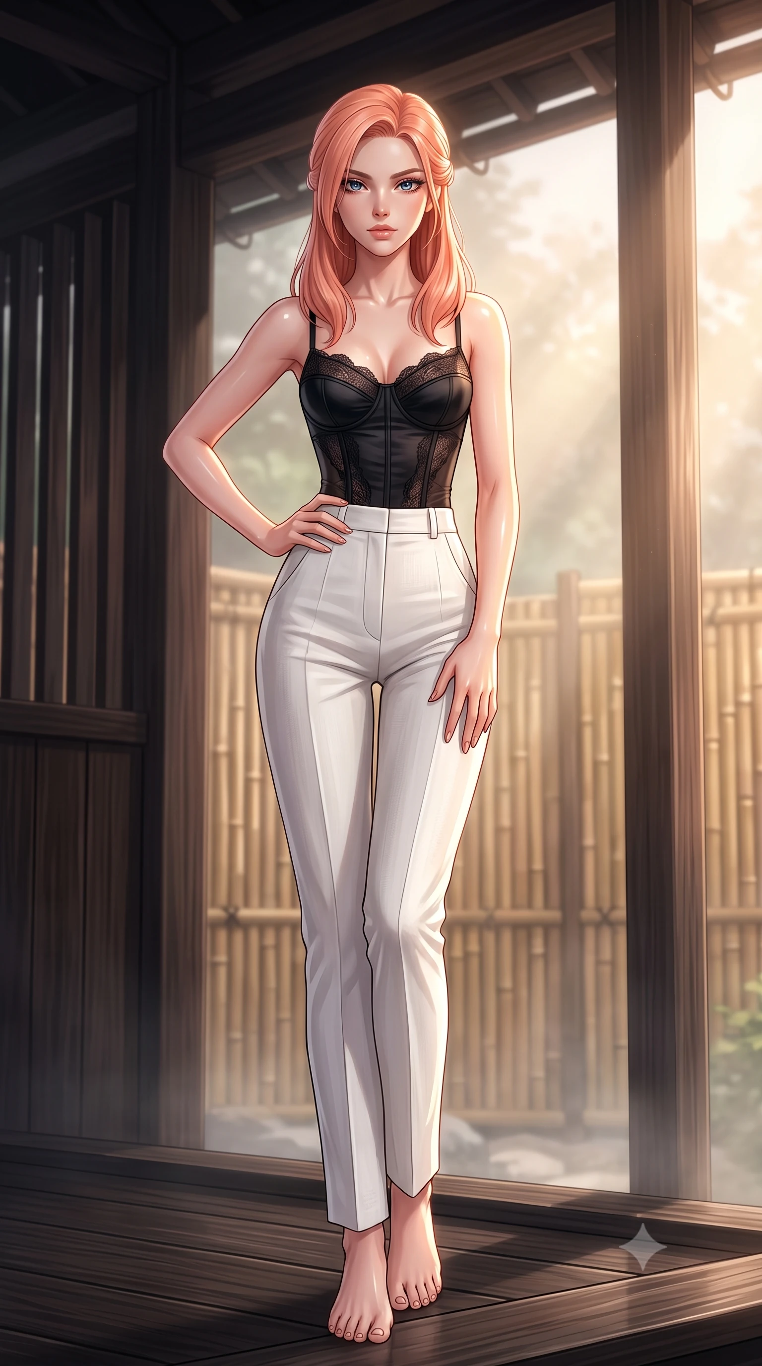 score_9, masterpiece, best quality, ultra-detailed, high-budget anime keyframe, editorial fashion photography, tasteful artistic composition, Japanese woman. low angle full-body shot from head to toe showing her feet, filling the entire 9:16 vertical frame with her statuesque presence, stretching her vertical silhouette. posing confidently with one hand on her hip, stretching her statuesque body to emphasize her curves the background shows a soft-focus a cozy hot spring veranda with dark cedar wood partitions and bamboo fences. She has an absolutely perfect, statuesque 8.5-heads proportion, an exceptionally tall and slender model-like female figure with impossibly long slender legs and an ultra-slim waist. sharp v-shaped jawline, high-bridge nose, intricate jewel-like eyes with depth, thick eyelashes, glossy lips with a natural sheen. wearing a body-hugging delicate lace corset top in black silk, paired with high-waisted white linen trousers. soft morning mist diffusing the warm sunbeams, creating a tranquil atmosphere. ultra-reflective glossy finish, specular highlights, metallic sheen, high-contrast stereoscopic depth, volumetric dynamic lighting, 2k, ultra detail, master piece, 9:16 ratio