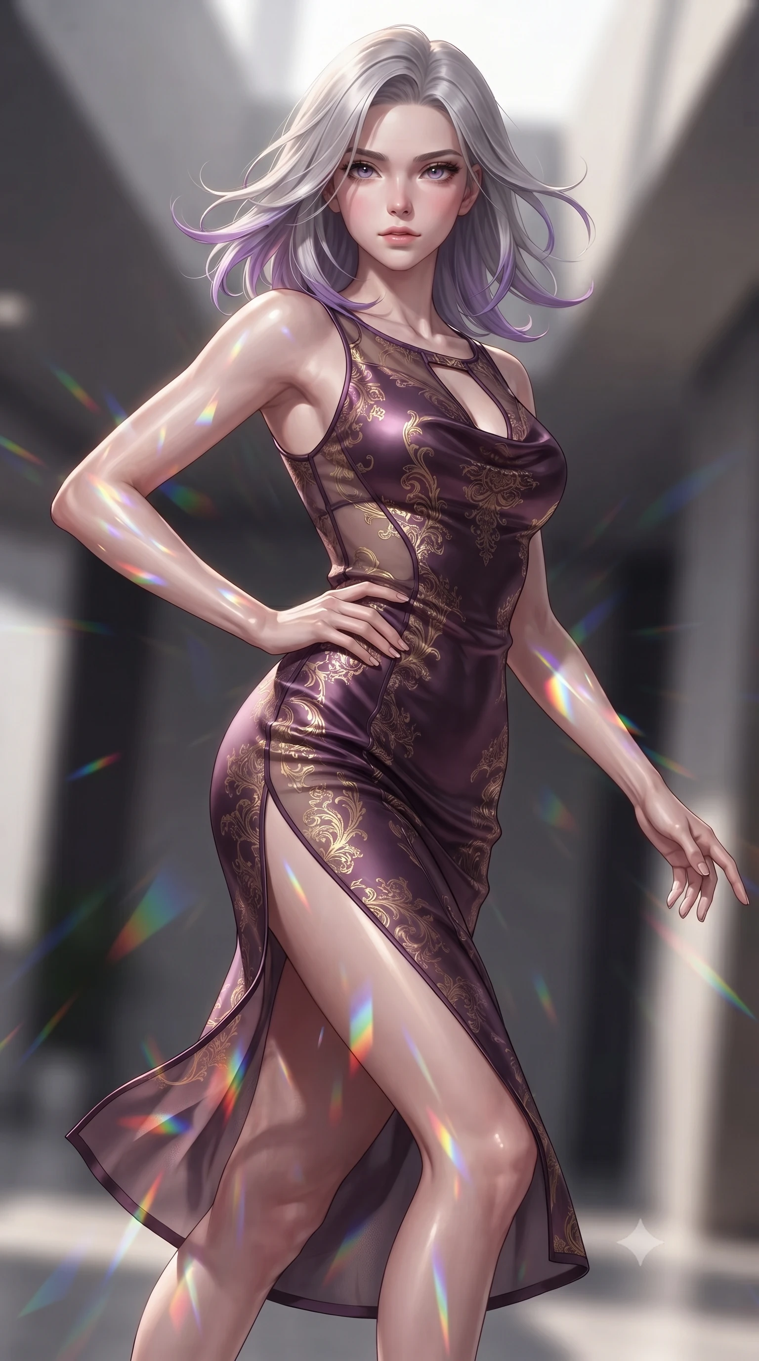 score_9, masterpiece, best quality, ultra-detailed, high-budget anime keyframe, editorial fashion photography, tasteful artistic composition, Caucasian woman. close-up cowboy shot from the waist and thighs up, the character dominates the composition, filling the frame with her large presence, background elements kept in soft focus. Holding a powerful dynamic pose with one hand on her hip and body angled dramatically toward the key light while pivoting gracefully mid-air as multi-color light refraction trails follow her movement, a kaleidoscope of refractions forming geometric laser patterns across her form. She has an exceptionally elegant, slender, and willowy female figure with an ultra-slim waist, a gracefully sculpted slender torso, and a refined silhouette. sharp v-shaped jawline, high-bridge nose, intricate jewel-like eyes with depth, thick eyelashes, glossy lips with a natural sheen, flawlessly proportioned anatomical accuracy, natural body alignment, perfectly sculpted elegant limbs, clean dynamic posture without body distortion. wearing an elegant cowl-neck satin midi dress with a graceful draped neckline in plum purple and gold filigree, woven from fine semi-opaque sheer organza, accented with a Tasteful chest slit framing her clavicle gracefully, the glove-like fit emphasizing her statuesque silhouette during motion. illuminated by high-contrast studio spotlights with ultra-bright specular highlights. ultra-reflective glossy finish, specular highlights, metallic sheen, high-contrast stereoscopic depth, volumetric dynamic lighting, 2k, ultra detail, master piece, 9:16 ratio