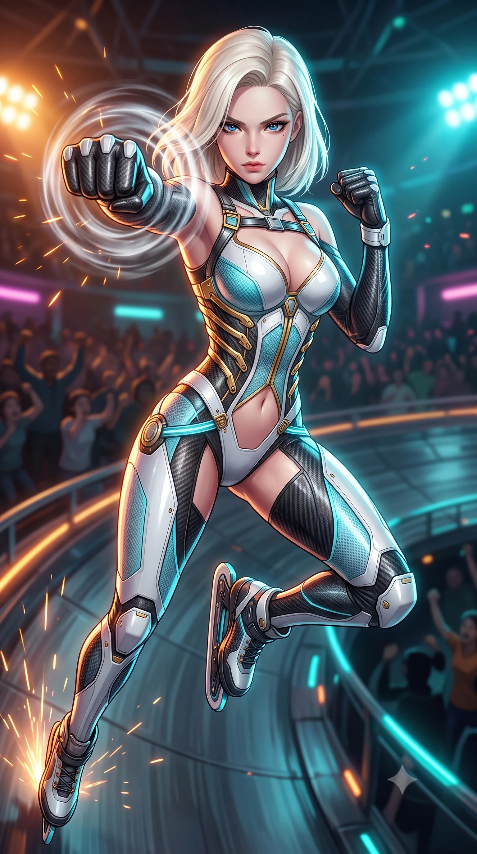 score_9, masterpiece, best quality, ultra-detailed, high-budget anime keyframe, semi-realistic 3D game render, editorial fashion photography, tasteful artistic composition, Caucasian woman. close-up cowboy shot from the waist and thighs up, the character dominates the composition, filling the frame with her large presence. thrusting a high-speed kinetic punch toward the camera, a visible conical shockwave distortion wrapping around her sleek carbon forearm while pivoting dynamically on high-speed magnetic skates, launching into a high kinetic jump above the roaring industrial arena. The composition keeps background elements in soft focus with creamy bokeh. banked steel track curves and cheering spectator silhouettes softened in moody shallow focus. She has an exceptionally elegant, slender, and willowy female figure with an ultra-slim waist, a gracefully sculpted slender torso, toned flat midriff, and a refined slim silhouette. sharp v-shaped jawline, high-bridge nose, intricate jewel-like eyes with depth, thick eyelashes, glossy lips with a natural sheen, flawlessly proportioned anatomical accuracy, strict slender model proportions, natural body alignment, perfectly sculpted long slender limbs, ultra-slim waistline, clean dynamic posture without body distortion. wearing a precision-tailored high-fashion carbon-fiber corset bodysuit with gold mechanical rib boning and kinetic shock-dampening palms in glacial ice-cyan carbon mesh with pure white armor plates, crafted from semi-translucent cybernetic carbon-vinyl interwoven with glowing micro-filaments, reinforced by a sleek titanium kinetic harness and glowing micro-energy straps, the precision-cut daring openings accentuating her delicate midriff, graceful bare collarbones, and ultra-slim feminine waistline. bathed in vivid high-contrast amber and cyan arena floodlights with electric friction spark glints. rich saturated anime colors with glowing neon highlights, detailed shading with soft gradients, rich glossy textures, high-contrast stereoscopic depth, volumetric dynamic lighting, master piece, 9:16 ratio