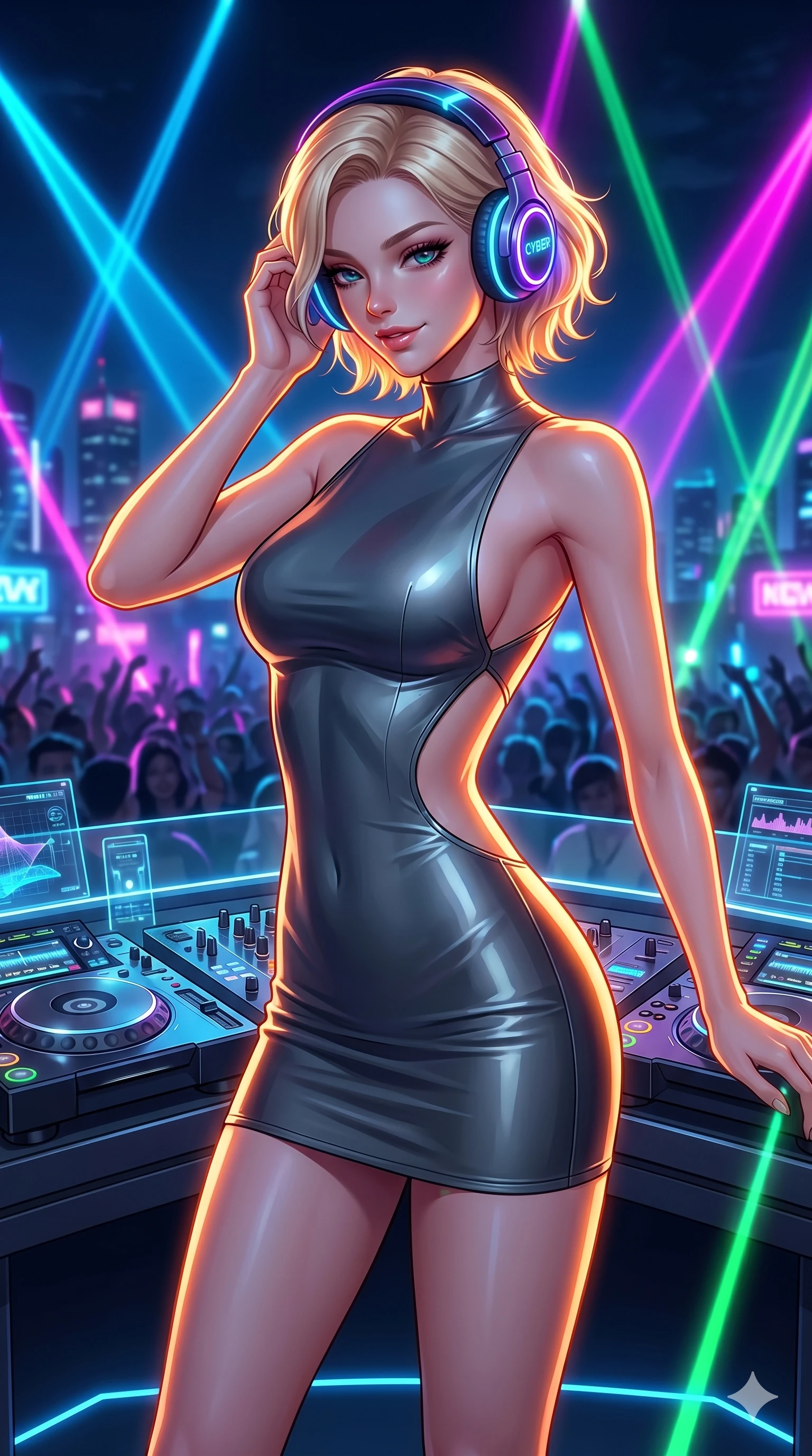score_9, masterpiece, best quality, ultra-detailed, high-budget anime keyframe, semi-realistic 3D game render, Caucasian woman, strictly human ears. Upper body close-up from the thighs up, character filling the screen for maximum presence. She is adjusting glowing neon headphones at a futuristic rooftop DJ booth. She sways to the music, glancing down at the crowd below with a confident, mesmerizing smile. She has an absolutely perfect 8-heads proportion, an exceptionally tall and slender female figure with impossibly long slender legs and an ultra-slim waist. V-shaped jawline, high-bridge nose, intricate jewel-like eyes with depth, thick eyelashes, glossy lips with a natural sheen. She is wearing a second-skin fashion-latex mini dress with a clean architectural front, featuring an open-back design that wraps around the sides of her waist, showcasing her slender silhouette. The scene is lit by brilliant neon club laser beams and bright orange key lights tracing her curves. 2k, ultra detail, master piece, 9:16 ratio