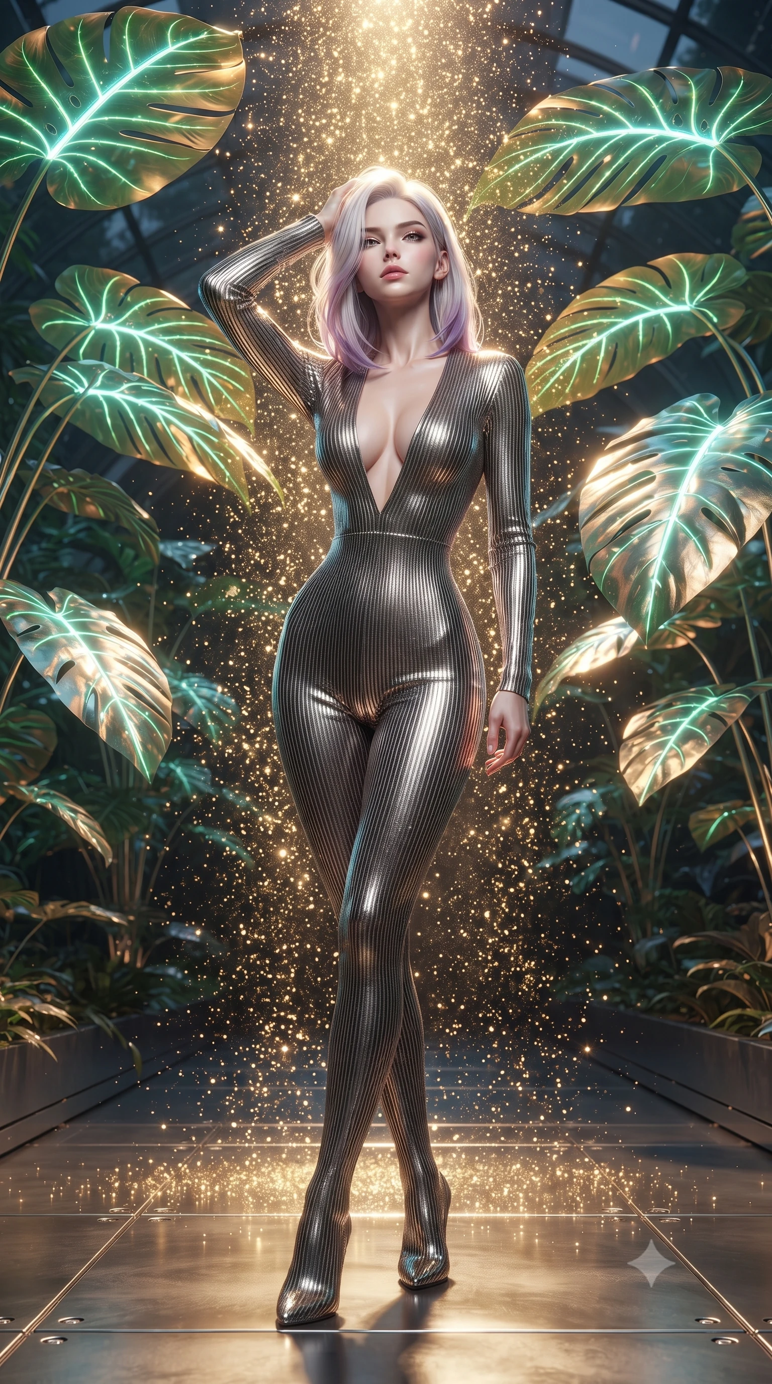 score_9, masterpiece, best quality, ultra-detailed, High-budget Anime Keyframe, editorial fashion photography, tasteful artistic composition, realistic cosplay photography, Caucasian woman, strictly human ears. Dynamic full-body shot stretching the vertical silhouette to the limit. Scenario 331: showering under a cascade of glittering gold stardust inside a cybernetic greenhouse filled with giant glowing tropical leaves. Her presence is magnetic and overpowering in this high-budget cinematic scene. Outfit 331: a tailored ribbed bodycon knit micro-mesh with a plunging V-neckline and tight-fitting silhouette. The clothing is designed to emphasize her exceptionally tall and slender 8-heads proportion. 8-heads proportion, towering silhouette, ultra-slim waist. sharp v-shaped jawline, intricate jewel-like eyes with depth, thick eyelashes, glossy lips. ultra-reflective glossy finish, specular highlights, metallic sheen, high-contrast stereoscopic depth, volumetric dynamic lighting, 2k, ultra detail, master piece, 9:16 ratio