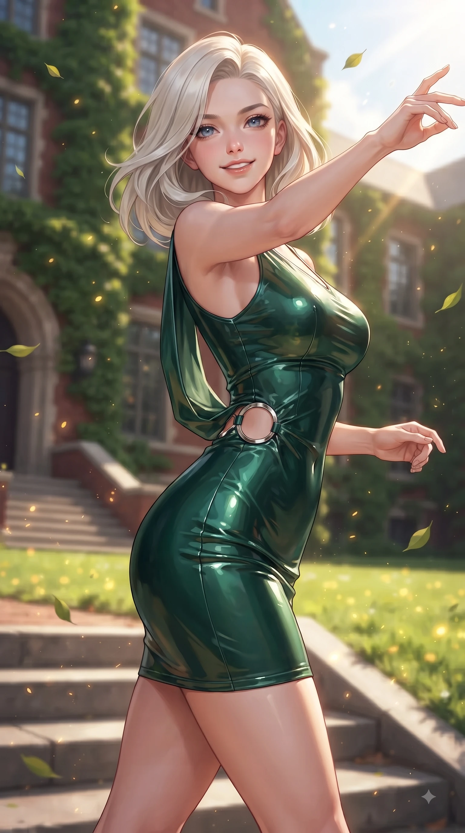 score_9, masterpiece, best quality, ultra-detailed, high-budget anime keyframe, editorial fashion photography, tasteful artistic composition, Caucasian woman. close-up cowboy shot from the waist and thighs up, the character dominates the composition, filling the frame with her large presence, background elements kept in soft focus. Extending one arm in an elegant stretch toward the light while smiling with vibrant, youthful self-assurance while pivoting dynamically on the steps of a red-brick ivy-covered university hall with a bright smile, lush green quad lawn scattered with golden sunlight motes and fluttering leaves. She has an exceptionally elegant, slender, and willowy female figure with an ultra-slim waist, a gracefully sculpted slender torso, and a refined silhouette. sharp v-shaped jawline, high-bridge nose, intricate jewel-like eyes with depth, thick eyelashes, glossy lips with a natural sheen, flawlessly proportioned anatomical accuracy, natural body alignment, perfectly sculpted elegant limbs, clean dynamic posture without body distortion. wearing a precision-fitted liquid jersey bodycon dress with a graceful draped back in deep emerald green and silver accent, tailored from high-gloss patent leather, accented with delicate chrome ring hardware framing her waist, the glove-like fit emphasizing her statuesque silhouette during motion. illuminated by warm golden sunbursts and bright clear sky refractions. ultra-reflective glossy finish, specular highlights, metallic sheen, high-contrast stereoscopic depth, volumetric dynamic lighting, 2k, ultra detail, master piece, 9:16 ratio