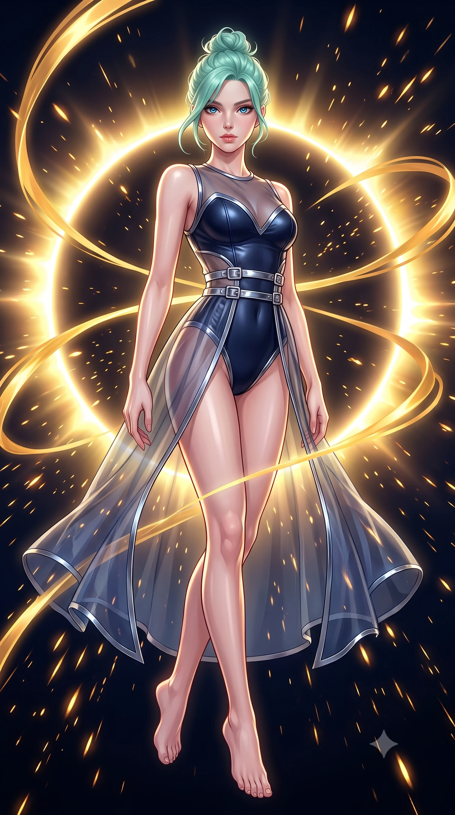 score_9, masterpiece, best quality, ultra-detailed, high-budget anime keyframe, editorial fashion photography, tasteful artistic composition, Japanese woman. low angle full-body shot from head to toe showing her feet, filling the entire 9:16 vertical frame with her statuesque presence, stretching her vertical silhouette. pivoting dynamically in zero-gravity with fluid body alignment, displaying her perfect model proportions while pivoting sharply with a dynamic waist tilt as golden solar flare ribbons swirl around her, blazing solar flare sparks falling like a golden shower around her statuesque figure. She has an absolutely perfect, statuesque 8.5-heads proportion, an exceptionally tall and slender model-like female figure with impossibly long slender legs and an ultra-slim waist. sharp v-shaped jawline, high-bridge nose, intricate jewel-like eyes with depth, thick eyelashes, glossy lips with a natural sheen, flawlessly proportioned anatomical accuracy, natural body alignment, perfectly sculpted elegant limbs, clean dynamic posture without body distortion. wearing a semi-opaque sheer overlay dress over a leather micro-bodysuit in midnight navy blue and chrome trim, woven from fine semi-opaque sheer organza, detailed with polished silver buckles along the waistline, the sleek second-skin texture accentuating her magnetic presence. surrounded by a brilliant solar aura with high-contrast metallic specular shine. highly saturated vibrant anime colors, detailed shading with soft gradients, rich glossy textures, high-contrast stereoscopic depth, volumetric dynamic lighting, master piece, 9:16 ratio