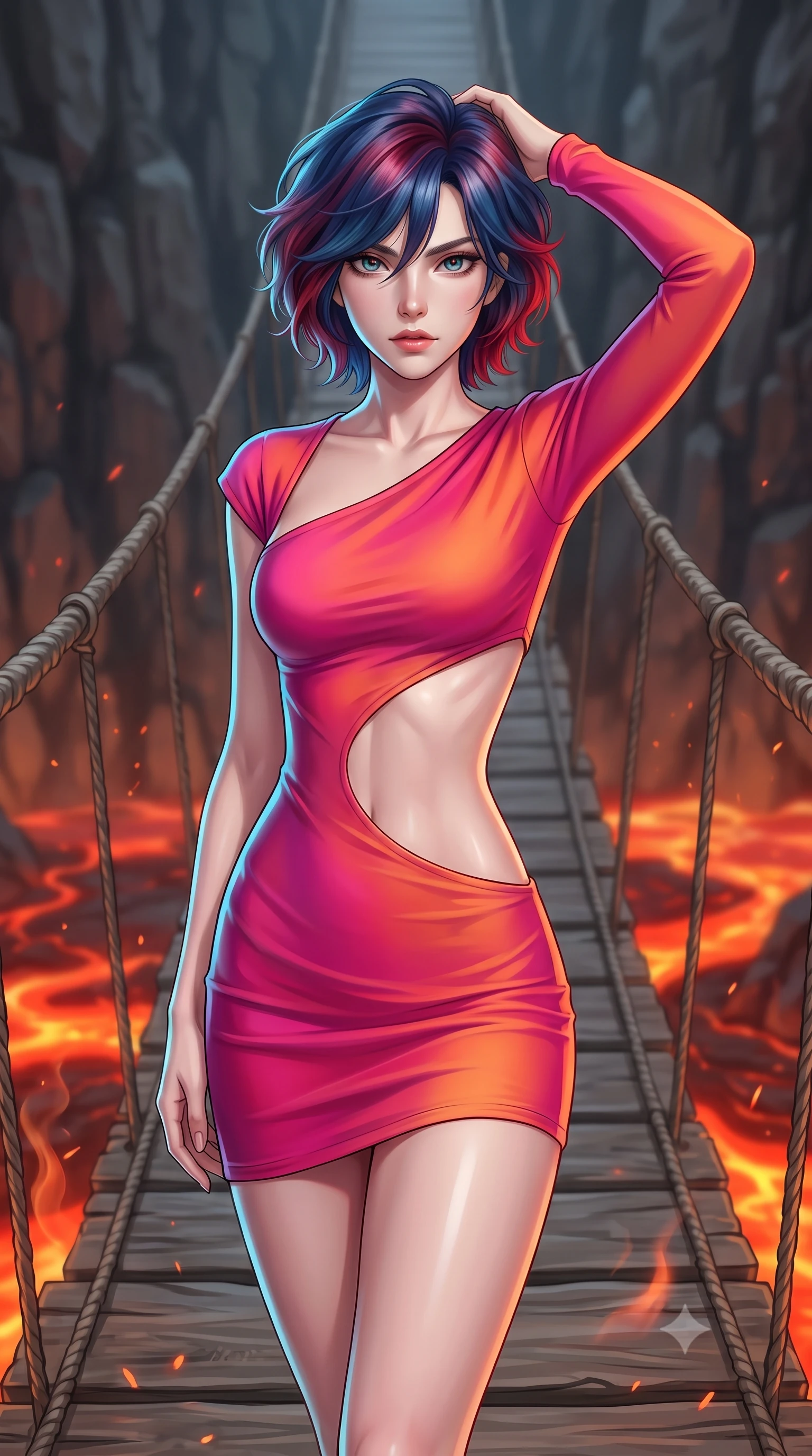 score_9, masterpiece, best quality, ultra-detailed, high-budget anime keyframe, editorial fashion photography, tasteful artistic composition, Korean woman. close-up cowboy shot from the waist and thighs up, the character dominates the composition, filling the frame with her large presence, background elements kept in soft focus. Placing one hand behind her head with confident body language and a direct stare. set against a soft-focus background of crossing a narrow swaying suspension bridge over a river of glowing orange-red lava with heat distortion rising in waves basalt cliffs on either side and the molten rock flowing sluggishly below like a river of fire. She has an exceptionally elegant and slender, willowy female figure with an ultra-slim waist, a gracefully sculpted slender torso, and a refined slim physique. sharp v-shaped jawline, high-bridge nose, intricate jewel-like eyes with depth, thick eyelashes, glossy lips with a natural sheen. wearing an asymmetric one-sleeve mini dress in a warm fuchsia and orange gradient, with a dramatic side cutout. soft glowing ambient light with sharp side key light tracing the sleek contours of her figure. 2k, ultra detail, master piece, 9:16 ratio