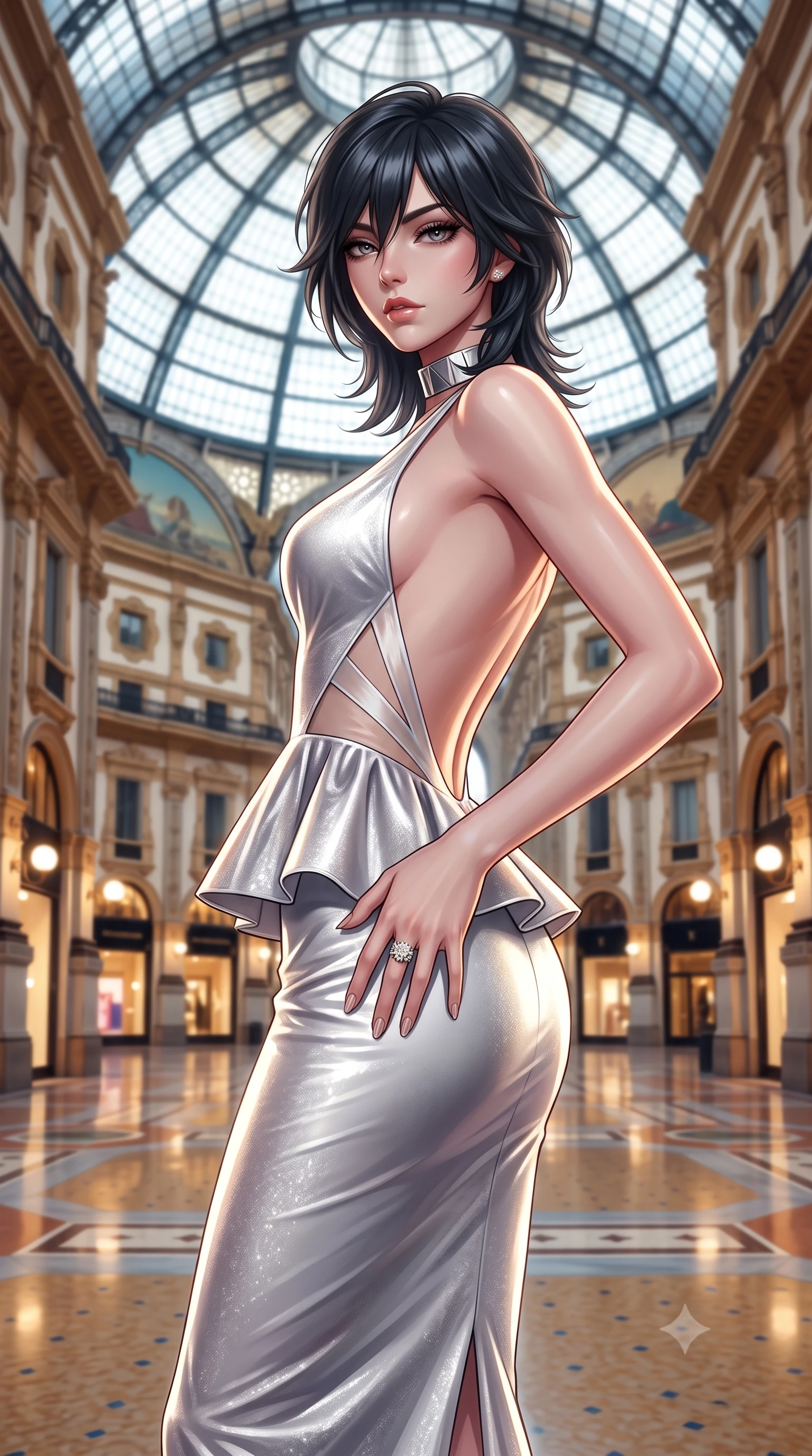 score_9, masterpiece, best quality, ultra-detailed, high-budget anime keyframe, semi-realistic 3D game render, editorial fashion photography, tasteful artistic composition, Caucasian woman. close-up cowboy shot from the waist and thighs up, the character dominates the composition, filling the frame with her large presence. arching her spine backward with effortless dancer poise, one hand sliding along her hip line as directional light carves specular highlights along her silhouette while striding down the empty neoclassical marble arcade beneath the colossal iron-and-glass octagonal dome, arching her back with sovereign supermodel poise. The composition keeps background elements in soft focus with creamy bokeh. monumental iron-and-glass vaulted ceiling and illuminated luxury boutique windows blurred into warm champagne, sapphire, and gold bokeh. She has an exceptionally elegant, slender, and willowy female figure with an ultra-slim waist, flat toned midriff, narrow ribcage, and sculpted feminine hips creating an alluring, slim hourglass silhouette without bulk. sharp v-shaped jawline, high-bridge nose, intricate jewel-like eyes with depth, thick eyelashes, glossy parted lips with a natural sheen, intensely captivating and seductive bedroom-eyes expression, flawlessly proportioned anatomical accuracy, strict slender model proportions, natural body alignment, perfectly sculpted long slender limbs, ultra-slim waistline, clean dynamic posture without body distortion. wearing a structural geometric peplum gown with sheer side-ribbon cutouts and form-fitting skirt in shimmering silver mercury and pearl white, crafted from heavyweight crushed silk velvet with liquid vintage luster, complemented by a bold geometric choker and sparkling cocktail ring, the dramatically scooped open back descending to the base of her spine, accentuating her razor-sharp statuesque lines and slim hourglass silhouette. illuminated by polished marble floor specular bounce sharply defining her sculpted collarbones, ultra-slim waist, and curvy hips. highly saturated vibrant anime colors, detailed shading with soft gradients, rich glossy textures, high-contrast stereoscopic depth, volumetric dynamic lighting, master piece, 9:16 ratio