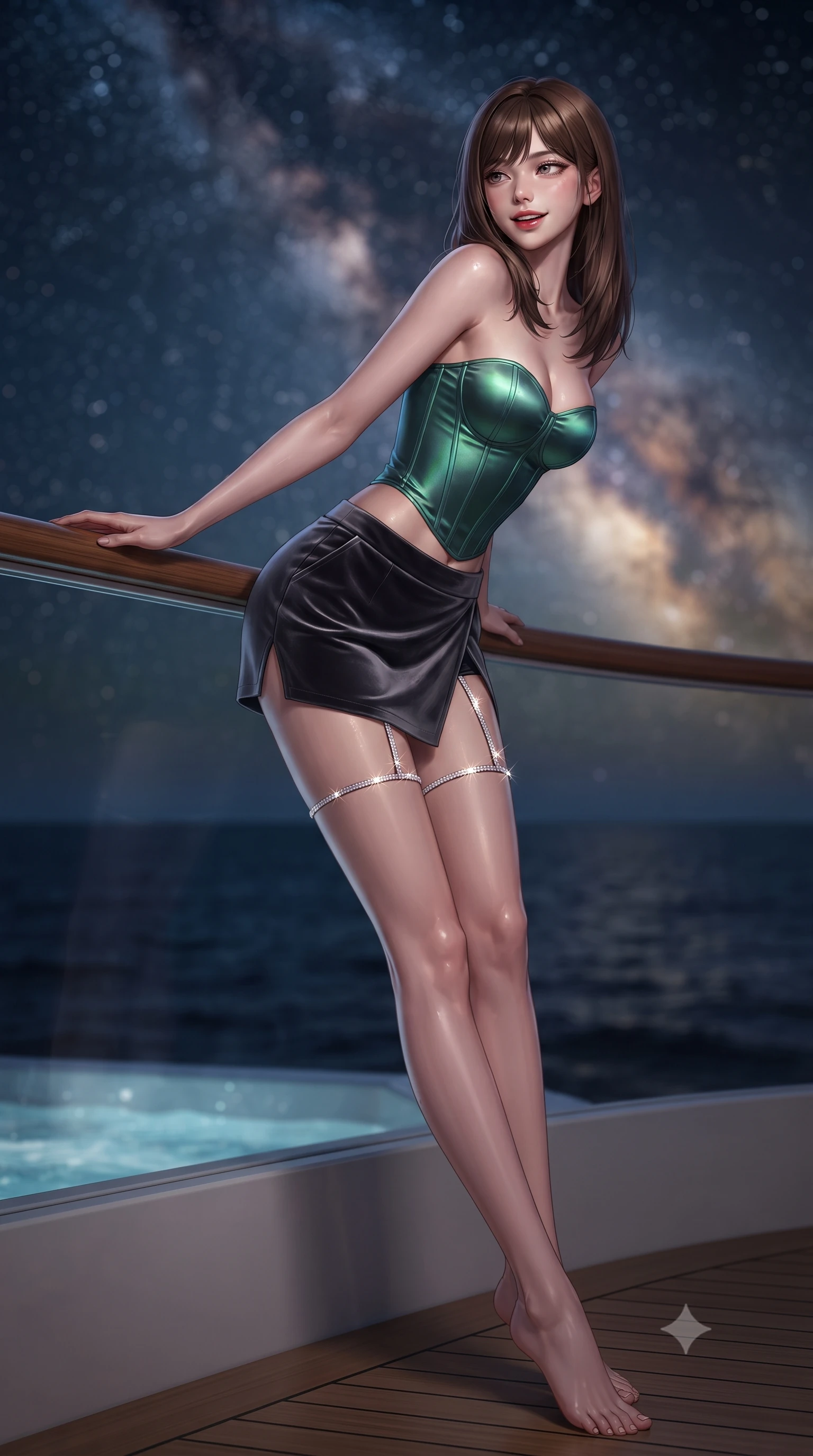 score_9, masterpiece, best quality, ultra-detailed, high-budget anime keyframe, editorial fashion photography, tasteful artistic composition, Korean woman. low angle full-body shot from head to toe showing her feet, filling the entire 9:16 vertical frame with her statuesque presence, stretching her vertical silhouette. leaning deep against the balcony balustrade with hips cocked back in an unapologetically alluring high-fashion stance, casting an intoxicating glance while leaning against the teak jacuzzi surround with hips cocked back, looking over her shoulder with an intoxicating, smoldering half-smile. The background shows a soft-focus the dense glowing ribbon of the Milky Way, open dark Caribbean ocean horizon, and bubbling spa water blurred into diamond, indigo, and gold bokeh. She has an absolutely perfect, statuesque 8.5-heads proportion, an exceptionally tall and slender model-like female figure with impossibly long slender legs, an ultra-slim waist, a flat toned midriff, narrow delicate ribcage, and beautifully sculpted feminine hips creating a graceful, slim hourglass silhouette without any bulky heaviness. sharp v-shaped jawline, high-bridge nose, sparkling eyes with hypnotic seductive depth, thick curled eyelashes, glossy parted lips with a natural dewy peach sheen, alluring bedroom-eyes with an enchanting coquettish smile, exuding magnetic siren charisma and sophisticated glamour, flawlessly proportioned anatomical accuracy, strict slender model proportions, natural body alignment, perfectly sculpted long slender limbs, ultra-slim waistline, clean dynamic posture without body distortion. wearing a strapless boned satin corset bodice paired with low-waisted tailored satin hot-pants in iridescent emerald satin and dark charcoal velvet, tailored from ultra-plush velvet with rich tactile depth and deep shadow gradients, finished with delicate crystal-encrusted thigh garter straps glinting in the dim light, the high-slit wrap tailoring accentuating her ultra-slim waistline and the enchanting curve of her feminine hips with alluring seductive charm. illuminated by hot tub water caustic bounce and sharp platinum rim lights sculpting her jawline, flat midriff, and voluptuous hip curves. ultra-reflective glossy finish, specular highlights, rich textural contrasts, high-contrast stereoscopic depth, volumetric dynamic lighting, 2k, ultra detail, master piece, 9:16 ratio