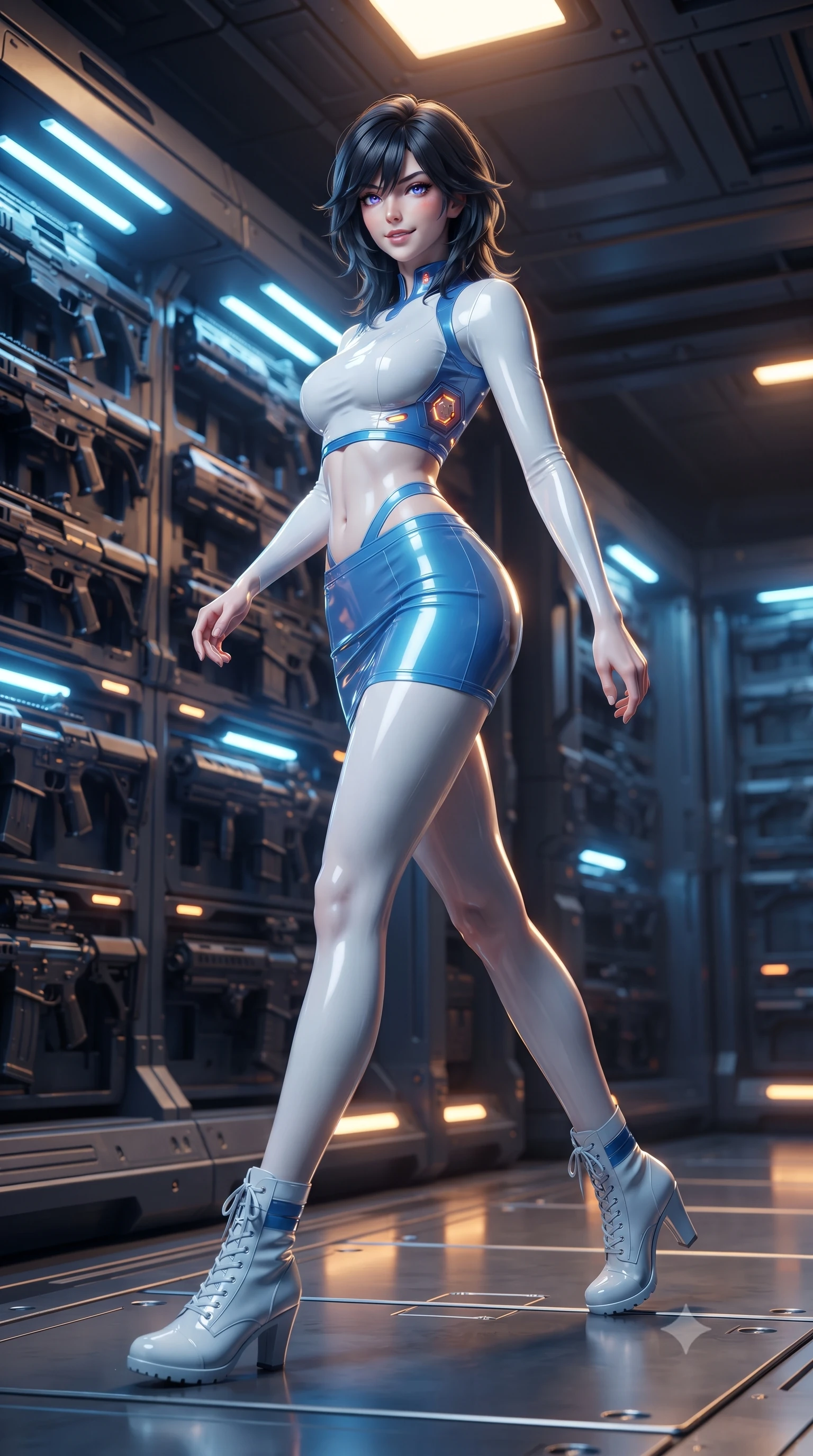 score_9, masterpiece, best quality, ultra-detailed, high-budget anime keyframe, editorial fashion photography, tasteful artistic composition, Caucasian woman. low angle full-body shot from head to toe showing her feet, filling the entire 9:16 vertical frame with her statuesque presence, stretching her vertical silhouette. striding forward gracefully across the reflective metal deck in mid-motion with a radiant beaming smile, hips swaying in an alluring kinetic rhythm that accentuates her curvy hourglass silhouette and long slender legs while leaning against a heavy ordnance storage vault with hips cocked back, looking over her shoulder with an intoxicating, fearless half-smile. The background shows a soft-focus hundreds of futuristic plasma carbines and heavy railguns locked in glowing charging bays blurred into violet, amber, and gunmetal bokeh. She has an absolutely perfect, statuesque 8.5-heads proportion, an exceptionally tall and slender model-like female figure with impossibly long slender legs, an ultra-slim waist, a flat toned midriff, narrow delicate ribcage, and beautifully sculpted feminine hips creating a graceful, slim hourglass silhouette without any bulky heaviness. sharp v-shaped jawline, high-bridge nose, intricate jewel-like sparkling eyes with depth, thick eyelashes, glossy parted lips with a natural sheen, bright confident smile with an enchanting and coquettish sensual glint, exuding both youthful magnetic charm and sovereign high-tech allure, flawlessly proportioned anatomical accuracy, strict slender model proportions, natural body alignment, perfectly sculpted long slender limbs, ultra-slim waistline, clean dynamic posture without body distortion. wearing a body-hugging modern carbon-alloy crop top paired with a low-rise tactical skirt and a subtle waist cut-out in arctic snowflake white and electric plasma blue, made of smooth liquid latex with high-contrast stereoscopic depth and wet shine, accented with subtle hexagonal heat-sink vents glowing with dim orange thermal heat, the high-waisted tailoring accentuating her ultra-slim waistline and the enchanting curve of her feminine hips with alluring dark charm. illuminated by focused overhead spotlighting and sharp amber rim lights defining her slim torso, narrow waist, and curvy hips. ultra-reflective glossy finish, specular highlights, rich textural contrasts, high-contrast stereoscopic depth, volumetric dynamic lighting, 2k, ultra detail, master piece, 9:16 ratio