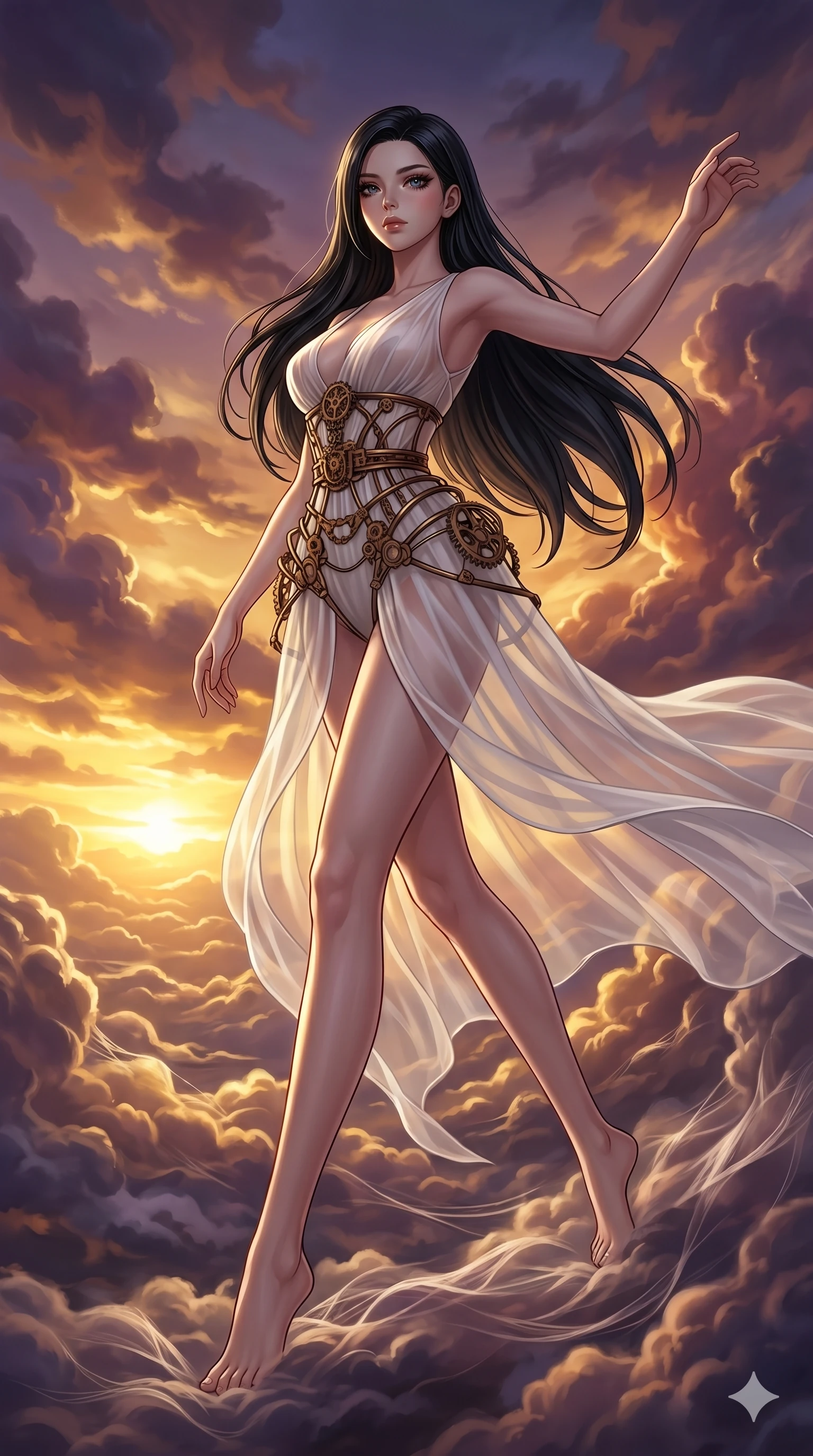 score_9, masterpiece, best quality, ultra-detailed, high-budget anime keyframe, Caucasian woman, strictly human ears. low angle full-body shot filling the entire 9:16 frame with her statuesque presence, stretching the vertical silhouette. threading through a volumetric cloud weave where storm clouds are spun like silk thread under a dramatic sunset glow. She has an absolutely perfect 8-heads proportion, an exceptionally tall and slender female figure with impossibly long slender legs and an ultra-slim waist. V-shaped jawline, high-bridge nose, intricate jewel-like eyes with depth, thick eyelashes, glossy lips with a natural sheen.. wearing a chrono-gear wire harness couture, featuring micro-bronze gear wire harness cinching her waist, over a sheer white organza dress. accented by dynamic color-blocked lighting with high-contrast shadows emphasizing her statuesque height. 2k, ultra detail, master piece, 9:16 ratio
