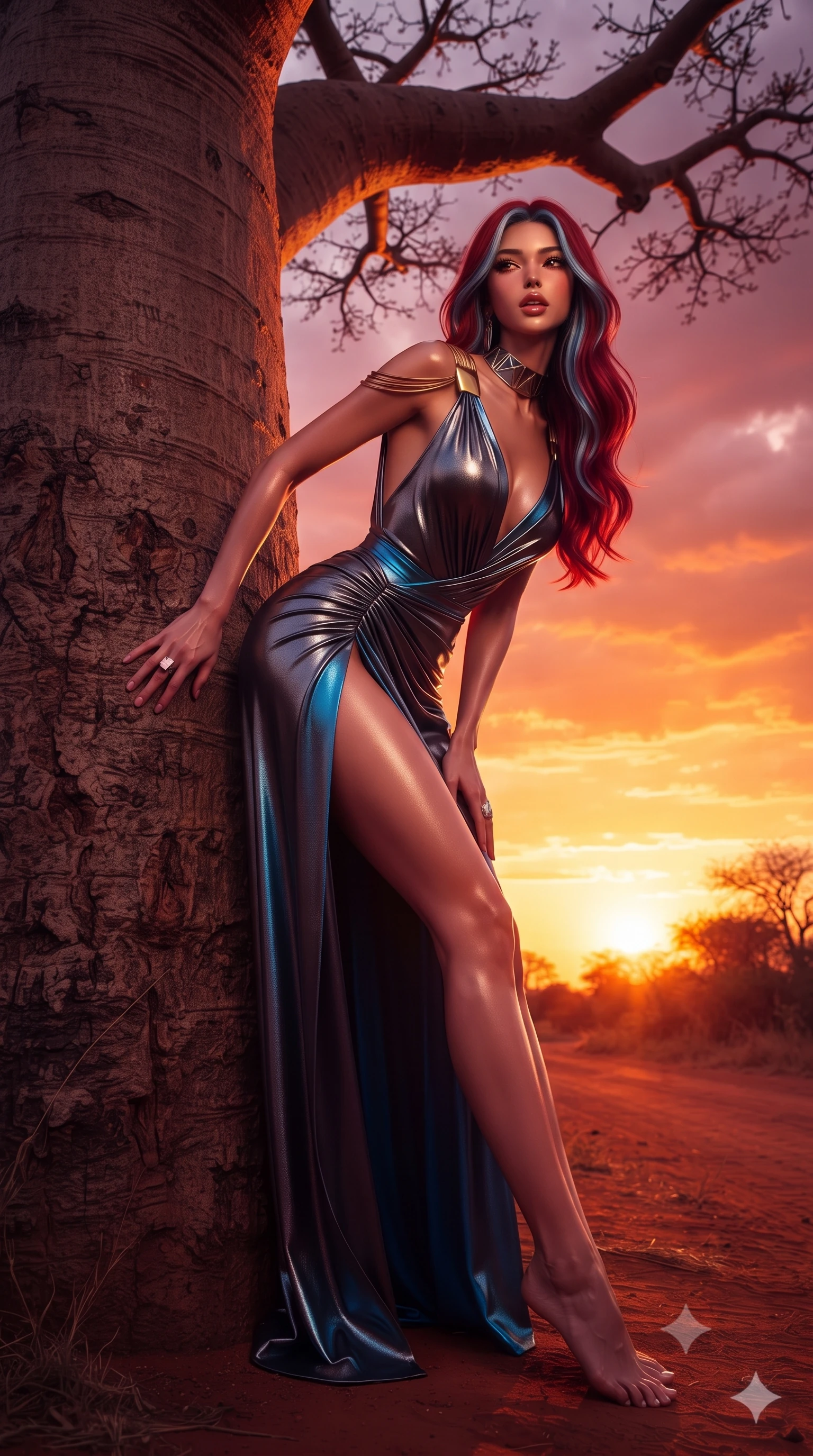 score_9, masterpiece, best quality, ultra-detailed, high-budget anime keyframe, editorial fashion photography, tasteful artistic composition, Caucasian woman. low angle full-body shot from head to toe showing her feet, filling the entire 9:16 vertical frame with her statuesque presence, stretching her vertical silhouette. leaning deep against the structural architecture with hips cocked in an unapologetically bold, seductive high-fashion stance while leaning back against the smooth, massive baobab trunk with hips cocked back, glancing over her shoulder with an alluring, sovereign gaze. The surrounding environment is rendered in vivid detail and crisp panoramic clarity. sharp baobab bark fissures, red-earth road dust textures, and baobab crown branches in deep focus. She has an exceptionally tall and slender model-like 8.5-heads proportion, an ultra-slim waist, a flat toned midriff, narrow delicate ribcage, and beautifully sculpted feminine hips creating a graceful, slim hourglass silhouette without any bulky heaviness, with impossibly long slender legs. sharp v-shaped jawline, high-bridge nose, intricate jewel-like eyes with depth, thick eyelashes, glossy parted lips with a natural sheen, intensely captivating and seductive bedroom-eyes expression, flawlessly proportioned anatomical accuracy, strict slender model proportions, natural body alignment, perfectly sculpted long slender limbs, ultra-slim waistline, clean dynamic posture without body distortion. wearing a high-slit Grecian goddess draped gown with asymmetrical gold shoulder clasps and hip gathering in metallic gunmetal and electric azure, formed from supple second-skin lambskin leather with specular sheen, complemented by a bold geometric choker and sparkling cocktail ring, the form-contouring material adhering flawlessly to her sculpted flat midriff and slender torso, emphasizing her long leg lines and perfectly proportioned willowy build. bathed in breathtaking African sunset backlighting in rich shades of fire-orange and deep magenta. ultra-reflective glossy finish, specular highlights, rich textural contrasts, high-contrast stereoscopic depth, volumetric dynamic lighting, 2k, ultra detail, master piece, 9:16 ratio