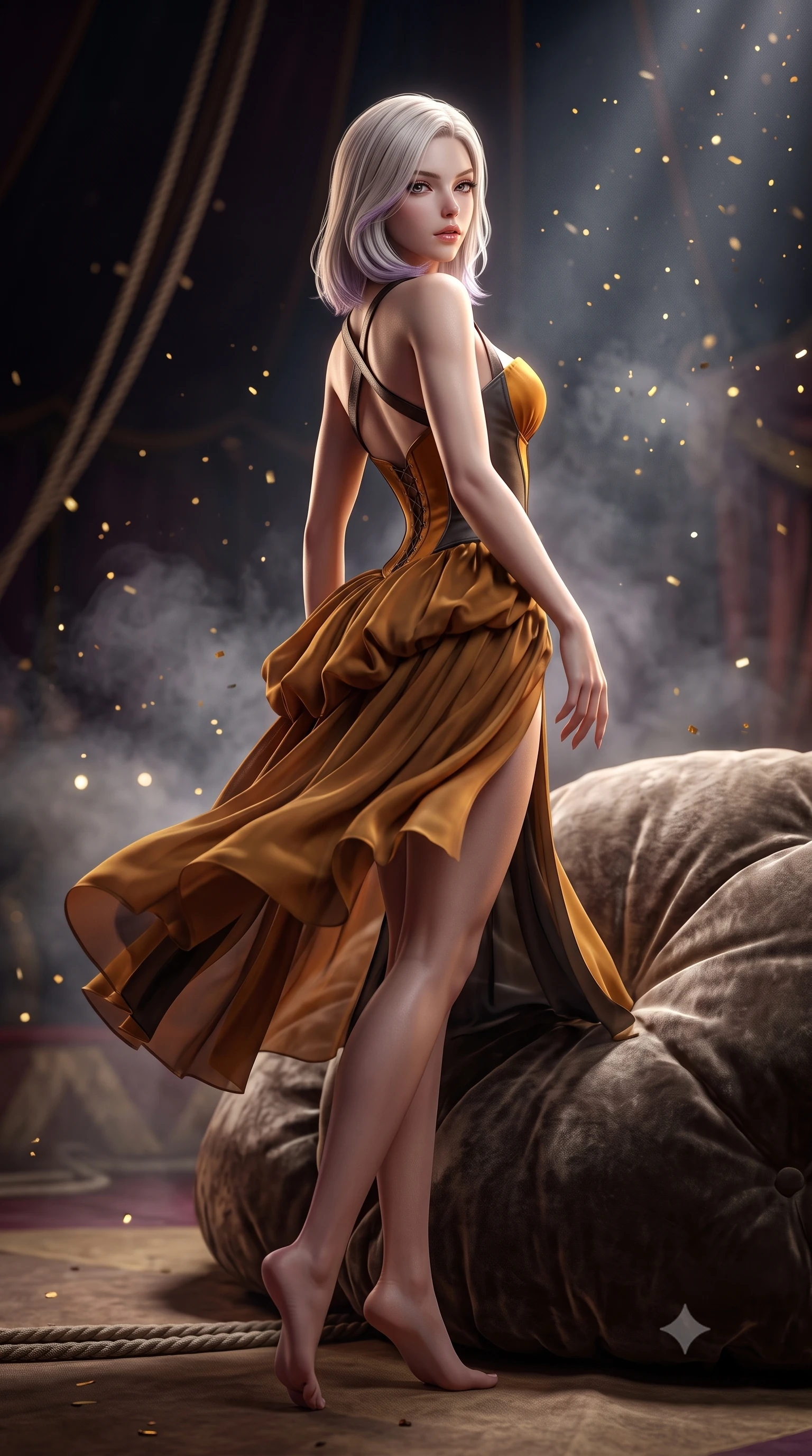 score_9, masterpiece, best quality, ultra-detailed, high-budget anime keyframe, semi-realistic 3D game render, editorial fashion photography, tasteful artistic composition, Caucasian woman. low angle full-body shot from head to toe showing her feet, filling the entire 9:16 vertical frame with her statuesque presence, stretching her vertical silhouette. executing an elegant mid-motion pivot turn as garments swirl around her slender limbs, glancing over her shoulder with an intoxicating bedroom-gaze while reclining languidly on a velvet ring cushion inside the dark circus tent, spine arched in an alluring S-curve as gold confetti flutters around her. The composition keeps background elements in soft focus with creamy bokeh. drifting stage haze and floating glitter particles catching spotlight rays across the arena. She has an absolutely perfect, statuesque 8.5-heads proportion, an exceptionally tall and slender model-like female figure with impossibly long slender legs, a toned flat midriff, an ultra-slim waist, and beautifully sculpted feminine hips. sharp v-shaped jawline, high-bridge nose, intricate jewel-like eyes with depth, thick eyelashes, glossy parted lips with a natural sheen, intensely captivating and seductive bedroom-eyes expression, flawlessly proportioned anatomical accuracy, strict slender model proportions, natural body alignment, perfectly sculpted long slender limbs, ultra-slim waistline, clean dynamic posture without body distortion. wearing a deep sweetheart neckline circus bustier paired with a gathered chiffon high-slit bustle skirt in molten amber-gold and dark gunmetal, tailored from fluid silk crepe with delicate inner corsetry boning, accented with criss-cross back harness straps in dark leather framing her bare spine, the glove-like aerodynamic silhouette tightly following the natural contour of her hips and long slender legs with statuesque precision. illuminated by crisp directional rim lighting sharply carving her razor-sharp jawline, narrow waist, and curvy hips. highly saturated vibrant anime colors, detailed shading with soft gradients, rich glossy textures, high-contrast stereoscopic depth, volumetric dynamic lighting, master piece, 9:16 ratio