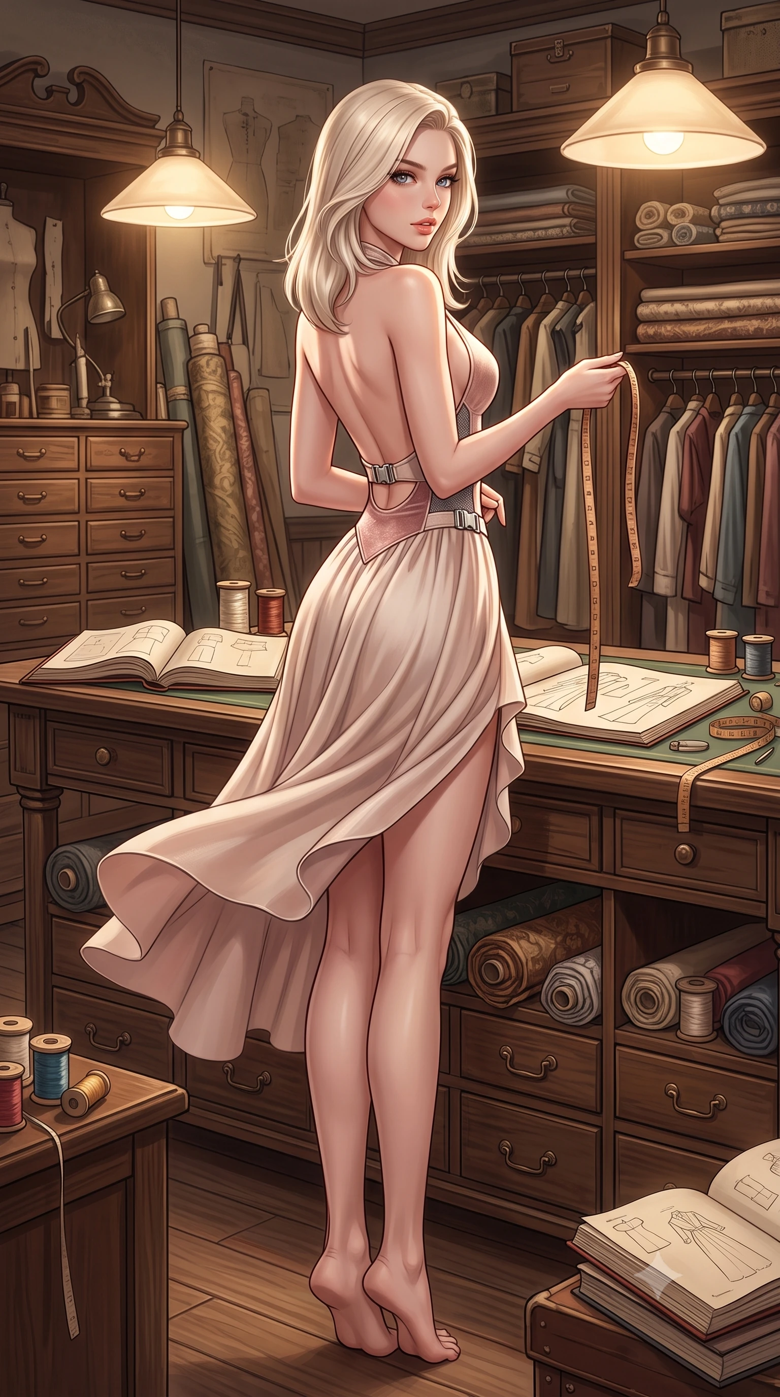 score_9, masterpiece, best quality, ultra-detailed, high-budget anime keyframe, semi-realistic 3D game render, editorial fashion photography, tasteful artistic composition, Caucasian woman. low angle full-body shot from head to toe showing her feet, filling the entire 9:16 vertical frame with her statuesque presence, stretching her vertical silhouette. executing a slow, graceful pivot turn as her skirt sways around her slender legs, glancing back with an enchanting, teasing sensual expression while sitting perched on the tailor's cutting table with legs extended, holding a vintage measuring tape with playful seductive cool. The surrounding environment is rendered in vivid detail and crisp panoramic clarity: detailed semi-sheer leotard fabric weave, glistening lip gloss sheen, and historic archive furniture in razor-sharp precision. She has an absolutely perfect, statuesque 8.5-heads proportion, an exceptionally tall and slender model-like female figure with impossibly long slender legs, an ultra-slim waist, a flat toned midriff, narrow delicate ribcage, and beautifully sculpted feminine hips creating a graceful, slim hourglass silhouette without any bulky heaviness. sharp v-shaped jawline, high-bridge nose, sparkling eyes with hypnotic seductive depth, thick curled eyelashes, glossy parted lips with a natural dewy peach sheen, alluring bedroom-eyes with an enchanting coquettish smile, exuding magnetic siren charisma and sophisticated glamour, flawlessly proportioned anatomical accuracy, strict slender model proportions, natural body alignment, perfectly sculpted long slender limbs, ultra-slim waistline, clean dynamic posture without body distortion. wearing a slinky backless halterneck tactical leotard with micro-ripstop side panels and quick-release chrome buckles in powder champagne cream and dusty rose velvet, woven from stretch metallic lurex jersey casting radiant starlight glints across her silhouette, accented with an antique mother-of-pearl opera glass held casually in one hand, the glove-like clinging cut tightly following the natural contour of her hips and long slender legs with youthful 8.5-heads elegance. bathed in soft warm incandescent atelier lamps hanging low over work tables. highly saturated vibrant anime colors, detailed shading with soft gradients, rich glossy textures, high-contrast stereoscopic depth, volumetric dynamic lighting, master piece, 9:16 ratio