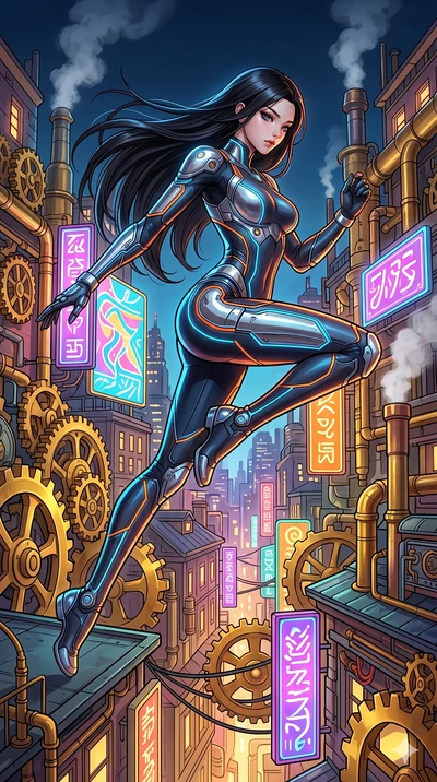 score_9, masterpiece, best quality, ultra-detailed, Set C: High-budget Anime Keyframe, Korean woman. Low angle cowboy shot filling the entire 9:16 frame with her statuesque presence. Leaping across the rooftops of a steampunk city at night with neon 