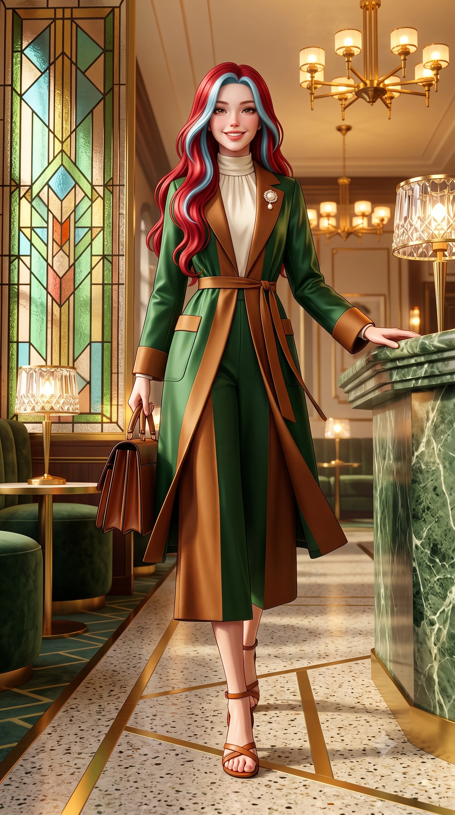 score_9, masterpiece, best quality, ultra-detailed, high-budget anime keyframe, semi-realistic 3D game render, editorial fashion photography, tasteful artistic composition, Caucasian woman. low angle full-body shot from head to toe showing her feet, filling the entire 9:16 vertical frame with her statuesque presence, stretching her vertical silhouette. walking briskly with tall supermodel strides, one hand holding her leather bag and the other swinging with energetic charm while standing beside the geometric stained-glass partition, one hand resting on the marble counter with chic modern-retro poise. The surrounding environment is rendered in vivid detail and crisp panoramic clarity: sharp brass geometric inlay strips in terrazzo flooring, cut-crystal lamp shade facets, and velvet upholstery pile in deep focus. She has an exceptionally tall and slender model-like 8.5-heads proportion, an ultra-slim waist, a flat toned midriff, narrow delicate ribcage, and beautifully sculpted feminine hips creating a graceful, slim hourglass silhouette without any bulky heaviness, with impossibly long slender legs. sharp v-shaped jawline, high-bridge nose, intricate jewel-like sparkling eyes with depth, thick eyelashes, glossy parted lips with a natural peach sheen, bright cheerful beaming smile with an enchanting and coquettish sensual glint, exuding both youthful cute charm and seductive allure, flawlessly proportioned anatomical accuracy, strict slender model proportions, natural body alignment, perfectly sculpted long slender limbs, ultra-slim waistline, clean dynamic posture without body distortion. wearing a modern tailored silk-blend robe coat with minimalist sash belt layered over a high-neck blouse and wide culottes in heritage British racing green and warm cognac brown, woven from fine Australian merino wool with a smooth fluid drape and subtle sheen, complemented by an antique baroque pearl brooch pinned tastefully on the lapel, the precision-cut high-waisted tailoring accentuating her ultra-slim waist and long slender leg line with immaculate aristocratic poise. bathed in warm 2900K incandescent amber illumination from authentic Art Deco brass chandeliers and table lamps. highly saturated vibrant anime colors, detailed shading with soft gradients, rich glossy textures, high-contrast stereoscopic depth, volumetric dynamic lighting, master piece, 9:16 ratio
