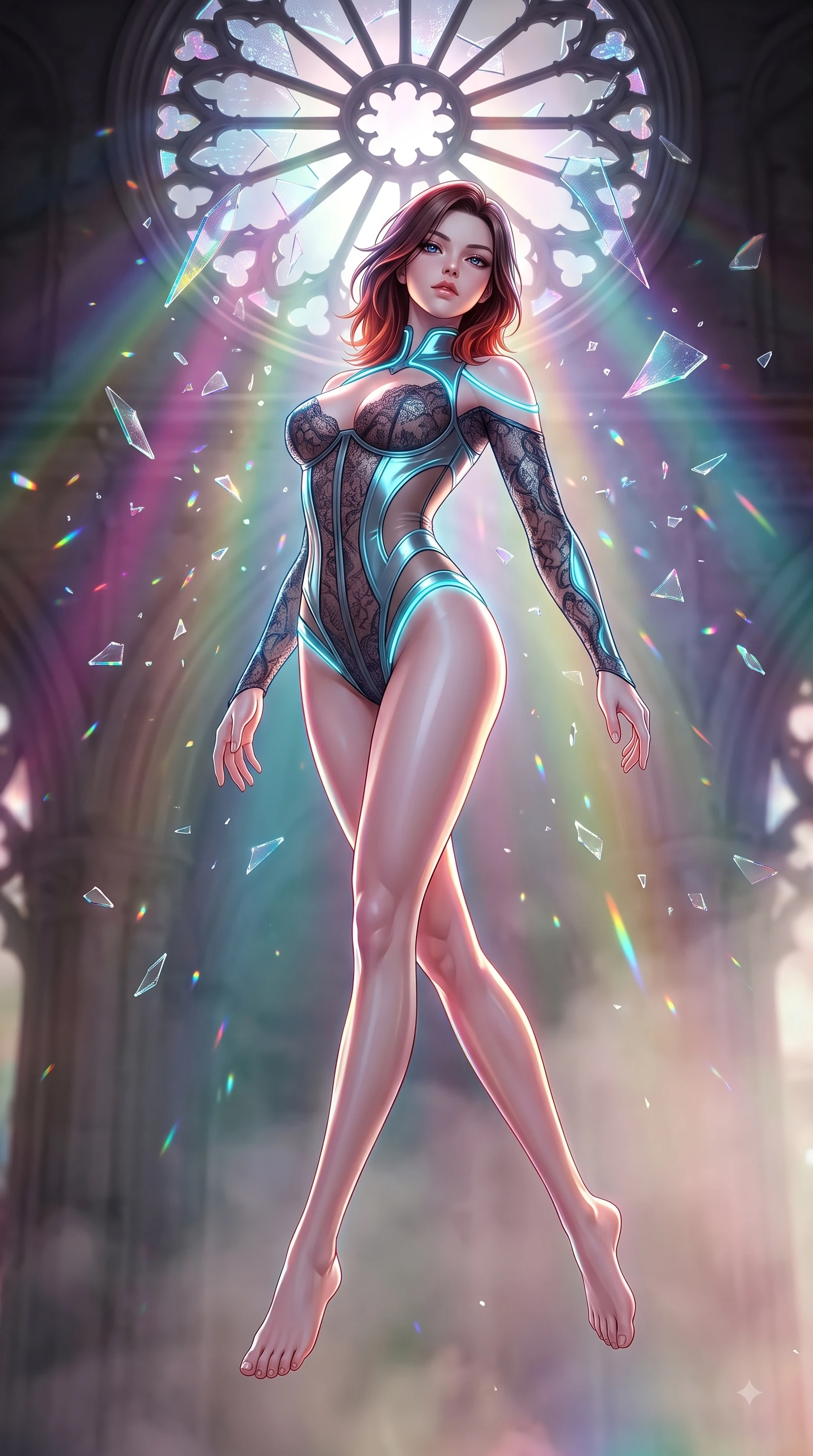 score_9, masterpiece, best quality, ultra-detailed, high-budget anime keyframe, semi-realistic 3D game render, editorial fashion photography, tasteful artistic composition, Korean woman. low angle full-body shot from head to toe showing her feet, filling the entire 9:16 vertical frame with her statuesque presence, stretching her vertical silhouette. leaping through mid-air with an athletic yet alluring arch of her spine, her impossibly long slender legs stretched in flawless poise while floating weightlessly beneath a shattered gothic rose window as holographic glass fragments suspend in mid-air. The composition keeps background elements in soft focus with creamy bokeh. shattered glass shards scattering multi-colored light motes across a soft backdrop. She has an absolutely perfect, statuesque 8.5-heads proportion, an exceptionally tall and slender model-like female figure with impossibly long slender legs and an ultra-slim waist. sharp v-shaped jawline, high-bridge nose, intricate jewel-like eyes with depth, thick eyelashes, glossy lips with a natural sheen, flawlessly proportioned anatomical accuracy, natural body alignment, perfectly sculpted elegant limbs, clean dynamic posture without body distortion. wearing a sheer dark lace pattern bodysuit with structured corsetry boning, sheer contouring side panels, and detached lace sleeves in liquid mercury silver and glowing electric cyan, tailored from semi-translucent cybernetic vinyl with glowing micro-filaments, accented with glowing fiber-optic seams tracing her collarbones and hip curves, the daring cutouts accentuating her delicate midriff, graceful collarbones, and feminine contour. backlit by intense multi-colored neon light rays and volumetric dawn light filtering through fog. highly saturated vibrant anime colors, detailed shading with soft gradients, rich glossy textures, high-contrast stereoscopic depth, volumetric dynamic lighting, master piece, 9:16 ratio