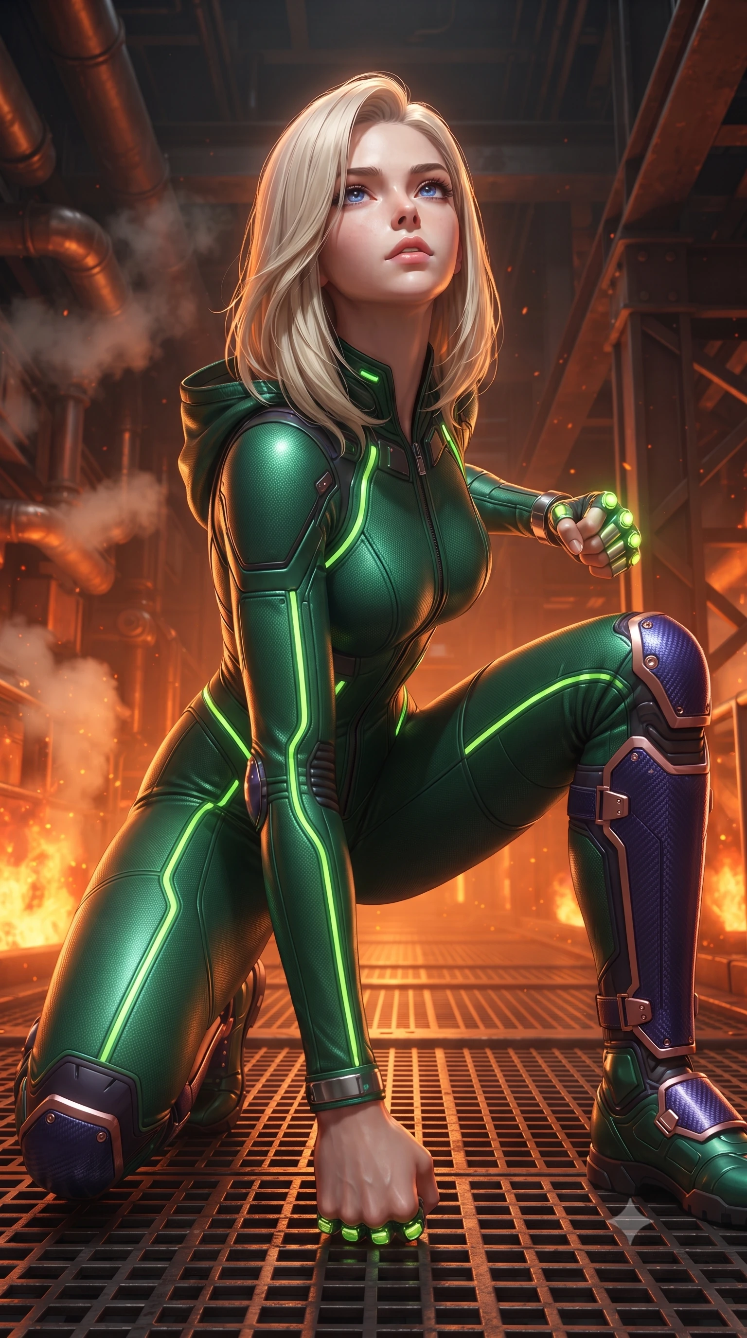 score_9, masterpiece, best quality, ultra-detailed, high-budget anime keyframe, editorial fashion photography, tasteful artistic composition, Caucasian woman. close-up cowboy shot from the waist and thighs up, the character dominates the composition, filling the frame with her large presence. tilting her head back with serene warrior composure, her sharp jawline and sculpted collarbones highlighted by glowing neon kinetic knuckles while landing in a low crouched stance with one fist planted on the metal grating, looking up with a dangerous, alluring smolder. The surrounding environment is rendered in vivid detail and crisp panoramic clarity. detailed steam pipe condensation beads, magma bubble bursts, and steel support beams in high resolution. She has an exceptionally elegant, slender, and willowy female figure with an ultra-slim waist, a gracefully sculpted slender torso, toned flat midriff, and a refined slim silhouette. sharp v-shaped jawline, high-bridge nose, intricate jewel-like eyes with depth, thick eyelashes, glossy lips with a natural sheen, flawlessly proportioned anatomical accuracy, strict slender model proportions, natural body alignment, perfectly sculpted long slender limbs, ultra-slim waistline, clean dynamic posture without body distortion. wearing a tailored emerald-green carbon-fiber tactical jumpsuit with glowing lime LED channels, open cowl back, and reinforced combat shin-guards in royal purple carbon fiber with rose-gold hardware and clasps, tailored from flexible second-skin carbon-mesh that clings flawlessly to her athletic curves, detailed with magnetic knuckle shock-absorbers and polished chrome articulation joints, the form-contouring material adhering flawlessly to her sculpted flat midriff and slender torso, emphasizing her long leg lines and perfectly proportioned willowy build. bathed in blazing orange magma uplights and warm amber reactor ambient radiance. ultra-reflective glossy finish, specular highlights, dark metallic sheen, high-contrast stereoscopic depth, volumetric dynamic lighting, 2k, ultra detail, master piece, 9:16 ratio