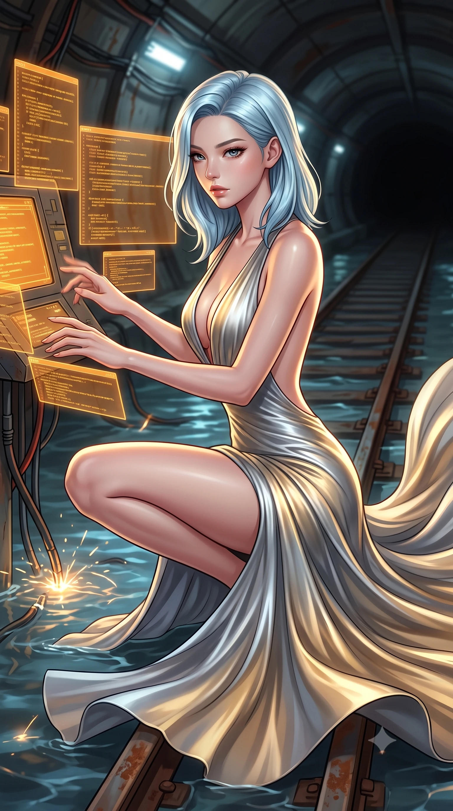 score_9, masterpiece, best quality, ultra-detailed, high-budget anime keyframe, editorial fashion photography, tasteful artistic composition, Korean woman. close-up cowboy shot from the waist and thighs up, the character dominates the composition, filling the frame with her large presence, background elements kept in soft focus. Hacking a security terminal in a low crouch, fingers moving in a blur as amber code screens surround her. set against a soft-focus background of a flooded subway tunnel with exposed electrical conduits sparking in the water, rusty train tracks stretching into the dark. She has an exceptionally elegant and slender, willowy female figure with an ultra-slim waist, a gracefully sculpted slender torso, and a refined slim physique. sharp v-shaped jawline, high-bridge nose, intricate jewel-like eyes with depth, thick eyelashes, glossy lips with a natural sheen. wearing the lightweight fabric rippling and billowing dramatically with her movement, a slim-fit deep plunging-V neck maxi dress in a liquid silver and gold gradient, featuring a bold open-back and a daring high slit. highly saturated vibrant anime colors, intense vivid color palette, soft 3D volumetric shading, volumetric dynamic lighting, soft glowing ambient light with sharp side key light tracing the sleek contours of her figure. 2k, ultra detail, master piece, 9:16 ratio