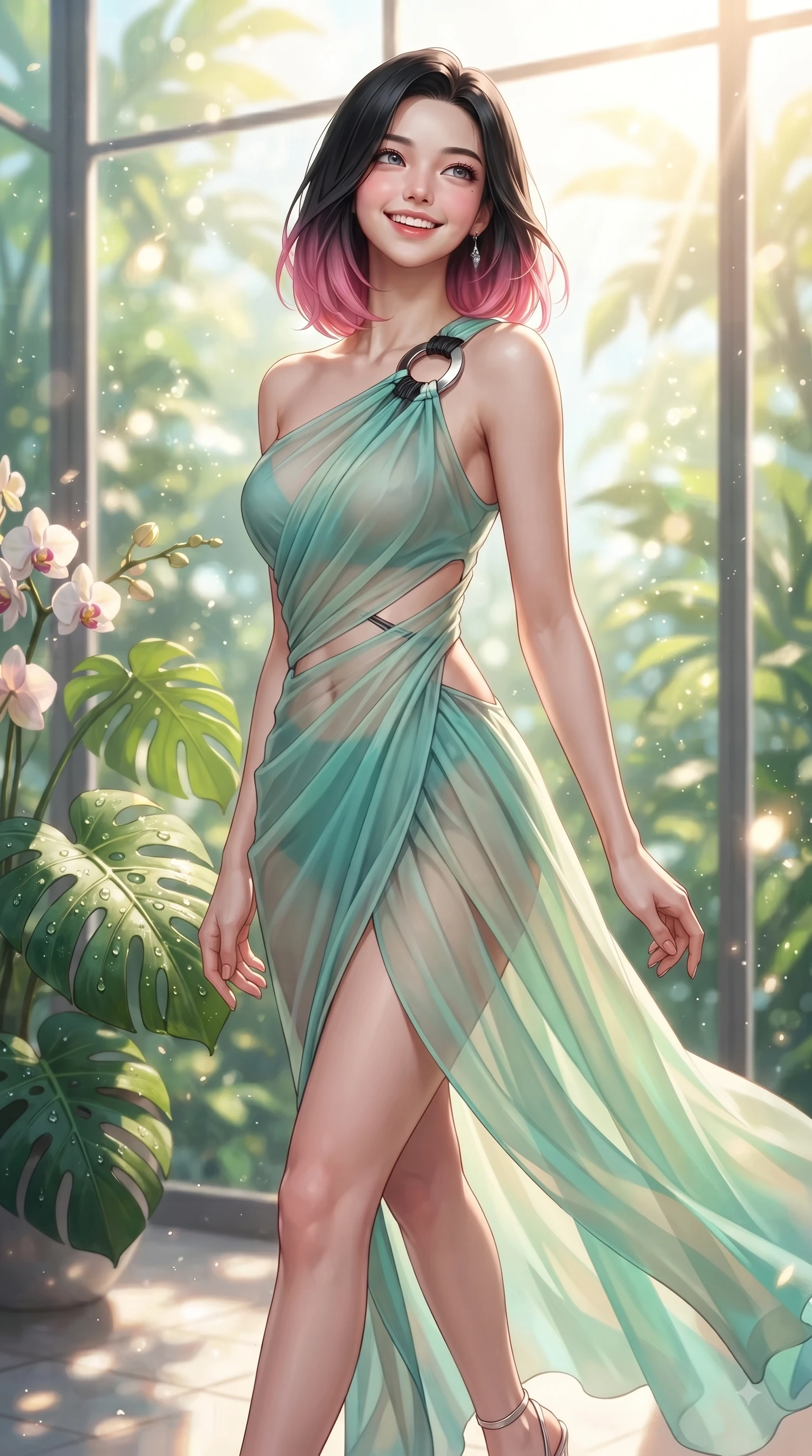 score_9, masterpiece, best quality, ultra-detailed, high-budget anime keyframe, editorial fashion photography, tasteful artistic composition, Korean woman. close-up cowboy shot from the waist and thighs up, the character dominates the composition, filling the frame with her large presence, background elements kept in soft focus. Tilting her chin up with a sweet beaming smile of pure delight while balancing dynamically amidst the scene while resting near a sunlit glass wall as tropical sunbeams highlight her fresh youthful figure, dewdrops on lush green Monstera leaves and orchids scattering bright specular highlights. She has an exceptionally elegant, slender, and willowy female figure with an ultra-slim waist, a gracefully sculpted slender torso, and a refined silhouette. sharp v-shaped jawline, high-bridge nose, intricate jewel-like eyes with depth, thick eyelashes, glossy lips with a natural sheen, flawlessly proportioned anatomical accuracy, natural body alignment, perfectly sculpted elegant limbs, clean dynamic posture without body distortion. wearing an asymmetrical Grecian draped chiffon gown with a metallic shoulder ring in matte black and polished silver, woven from fine semi-opaque sheer organza, featuring subtle geometric cutouts that highlight her ultra-slim midriff, the form-contouring material highlighting her ultra-slim waist and long lines. surrounded by a bright, airy, and refreshing tropical garden atmosphere. ultra-reflective glossy finish, specular highlights, metallic sheen, high-contrast stereoscopic depth, volumetric dynamic lighting, 2k, ultra detail, master piece, 9:16 ratio