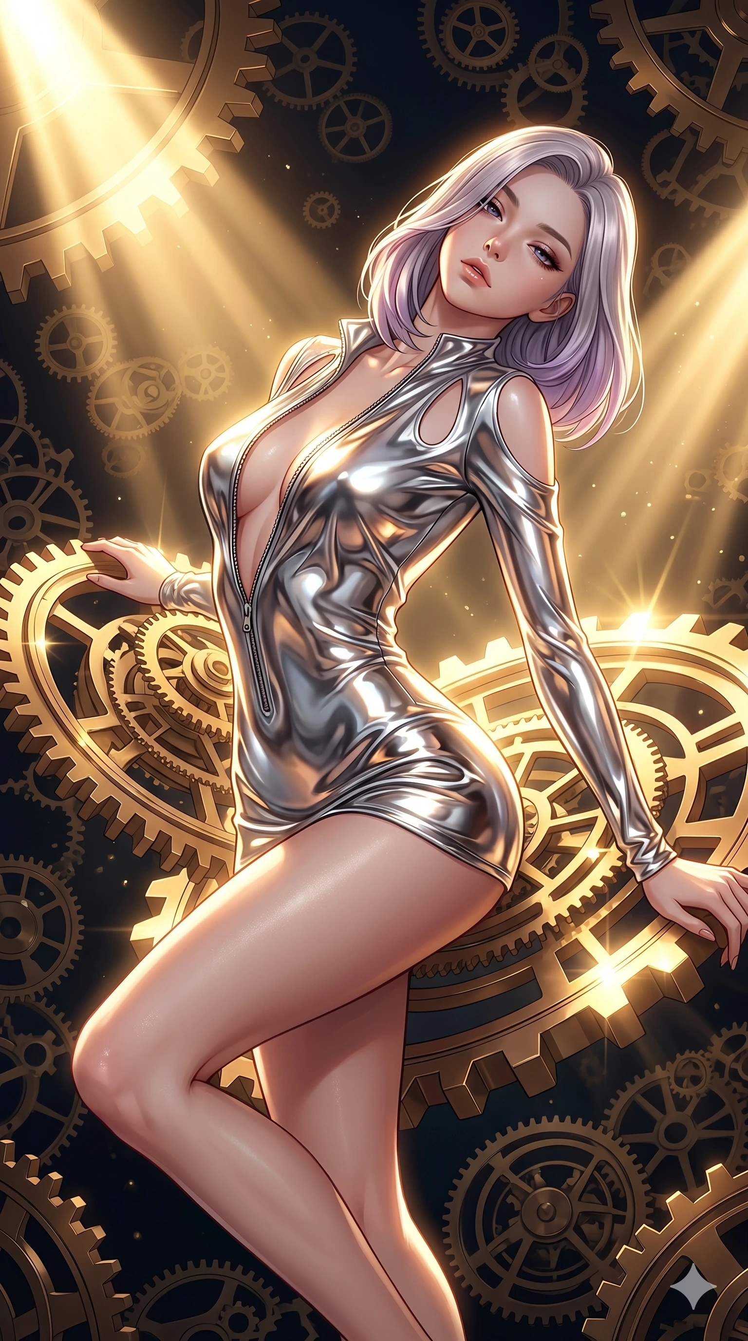 score_9, masterpiece, best quality, ultra-detailed, high-budget anime keyframe, editorial fashion photography, tasteful artistic composition, Caucasian woman, strictly human ears. Upper body close-up from the thighs up, character filling the screen for maximum presence. She is intertwined with massive floating gold gears and clockwork mechanisms suspended in a void. She arches her spine backwards, looking at the camera with a dreamy, sensual gaze. She has an absolutely perfect 8-heads proportion, an exceptionally tall and slender female figure with impossibly long slender legs and an ultra-slim waist. V-shaped jawline, high-bridge nose, intricate jewel-like eyes with depth, thick eyelashes, glossy lips with a natural sheen. She is wearing a form-fitting top made of molten liquid-mercury fabric that clings to her curves, with strategic tear-drop shoulder cutouts and a dangerously unzipped front collar. The scene is illuminated by warm, blindingly bright golden spotlights and sharp volumetric light rays. 2k, ultra detail, master piece, 9:16 ratio