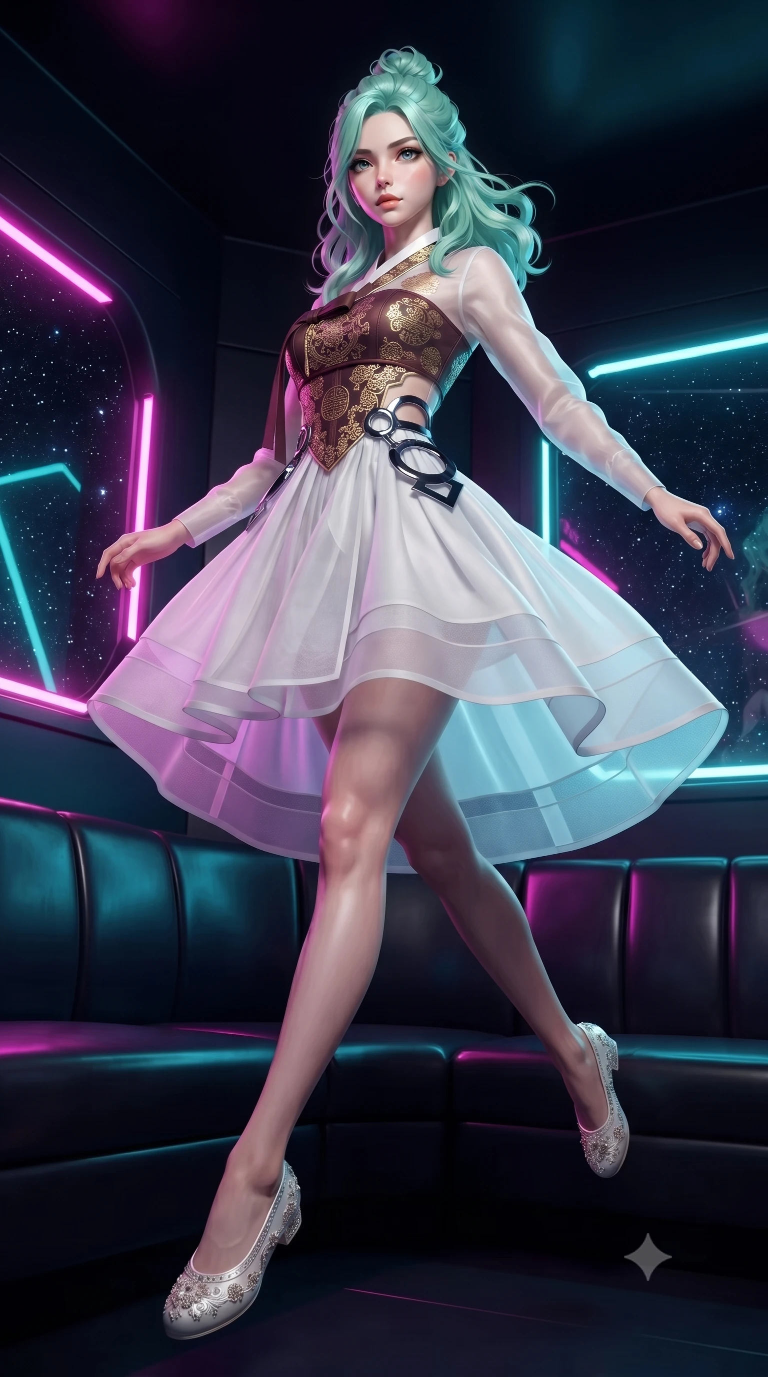 score_9, masterpiece, best quality, ultra-detailed, high-budget anime keyframe, editorial fashion photography, tasteful artistic composition, Japanese woman. low angle full-body shot from head to toe showing her feet, filling the entire 9:16 vertical frame with her statuesque presence, stretching her vertical silhouette. leaping dynamically through the starry space, her posture full of power and elegance, lounging on a dark vinyl couch in a private retro-futuristic lounge at 2 AM, vibrant magenta and cyan neon rays casting geometric highlights on glossy vinyl. She has an absolutely perfect, statuesque 8.5-heads proportion, an exceptionally tall and slender model-like female figure with impossibly long slender legs and an ultra-slim waist. sharp v-shaped jawline, high-bridge nose, intricate jewel-like eyes with depth, thick eyelashes, glossy lips with a natural sheen. wearing modern fusion white hanbok dress with structured gold-embroidered bodice in dark mahogany, made of fine dark contouring mesh, accented with sculpted obsidian chrome rings at the waist, following her slender form with tailored precision. surrounded by a moody neon glow with sharp edge highlights on dark vinyl. ultra-reflective glossy finish, specular highlights, metallic sheen, high-contrast stereoscopic depth, volumetric dynamic lighting, 2k, ultra detail, master piece, 9:16 ratio