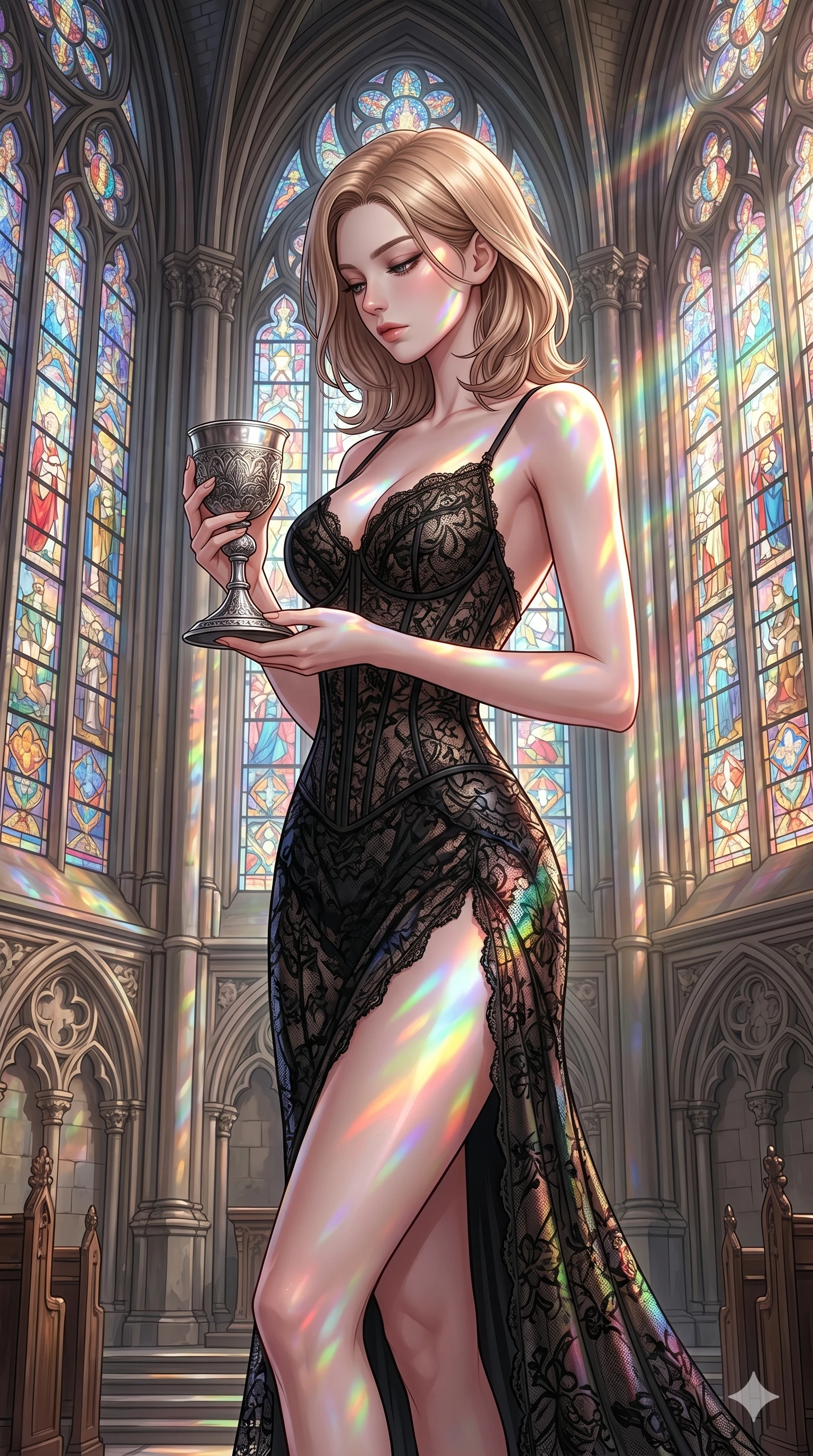 score_9, masterpiece, best quality, ultra-detailed, high-budget anime keyframe, editorial fashion photography, tasteful artistic composition, Korean woman. cowboy shot from the thighs up, character and outfit filling the frame for maximum editorial presence. holding a silver chalice, looking down with lowered lashes in a composed, powerful gesture in a gothic cathedral sanctuary with towering stained-glass windows (Code-P16-054). She has an absolutely perfect 8-heads proportion, an exceptionally tall and slender female figure with impossibly long slender legs and an ultra-slim waist. V-shaped jawline, high-bridge nose, intricate jewel-like eyes with depth, thick eyelashes, glossy lips with a natural sheen. wearing a black lace corset gown with a high slit to mid-thigh and a scooped open back. prismatic rainbow light refracting through the stained-glass window, coloring her skin. 2k, ultra detail, master piece, 9:16 ratio