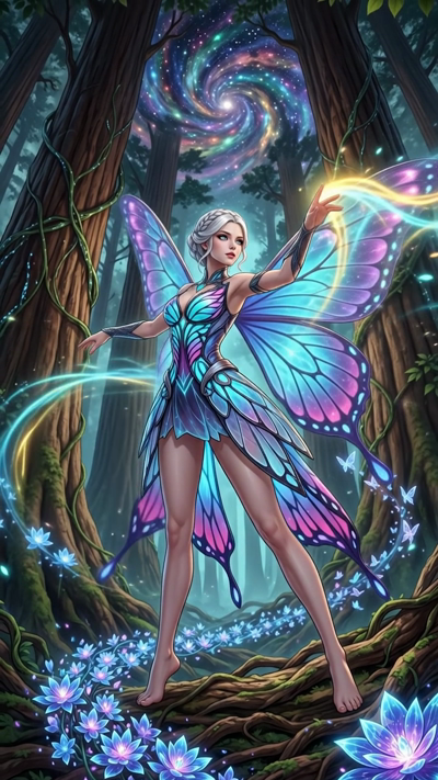 An enchanting 8-second video of a fairy-like woman with translucent butterfly wings made of iridescent energy. She stands amidst a magical forest floor covered in glowing blue lotus flowers. In the sky above, a vibrant galaxy spiral rotates slowly, c