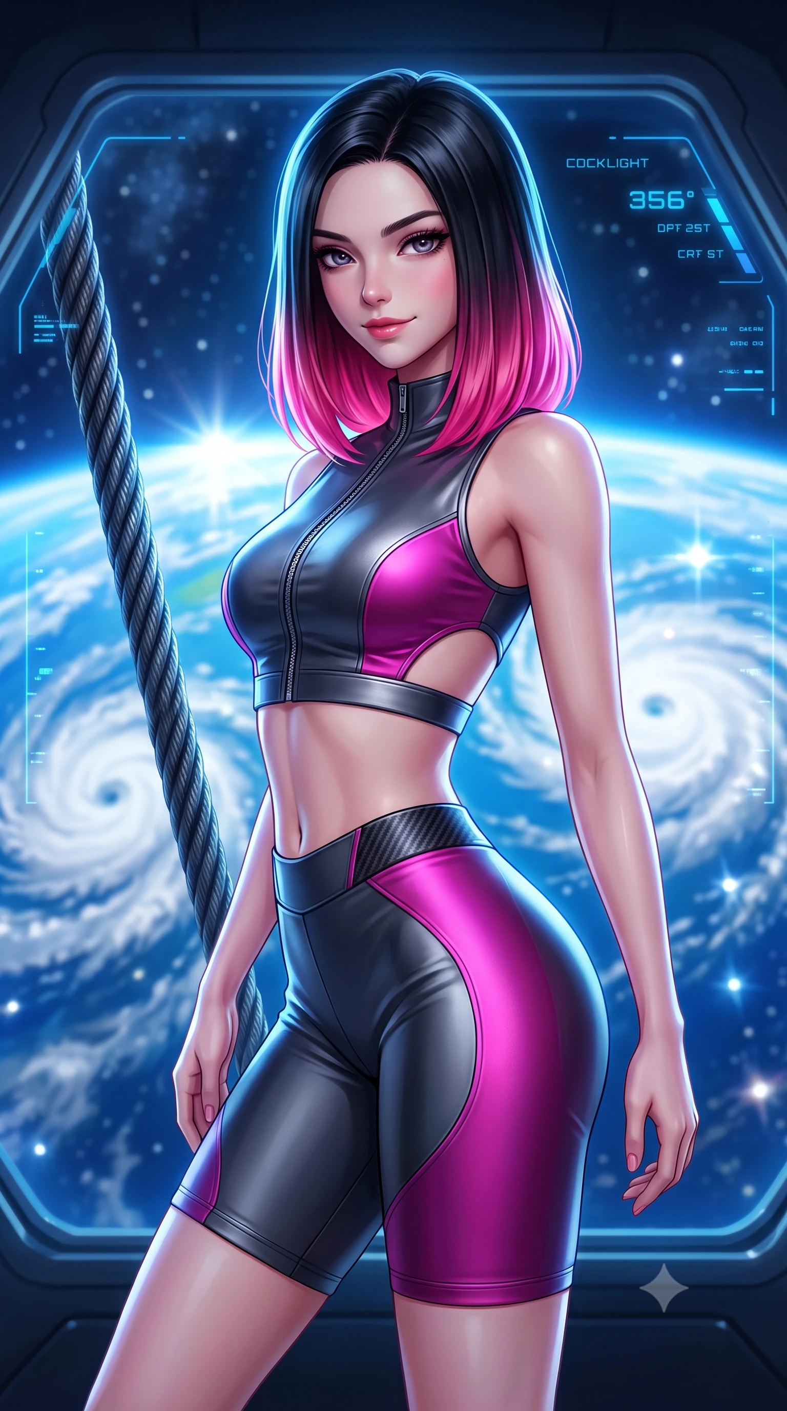 score_9, masterpiece, best quality, ultra-detailed, high-budget anime keyframe, semi-realistic 3D game render, editorial fashion photography, tasteful artistic composition, Korean woman. close-up cowboy shot from the waist and thighs up, the character dominates the composition, filling the frame with her large presence. turning slowly with a smoldering smile, her sleek hair catching the cockpit HUD rim light as her hips angle gracefully in a captivating contrapposto while standing beside the immense carbon-tether cable descending into Earth's atmosphere, arching her spine with breathtaking grace. The background shows a soft-focus the colossal blue disk of Earth with white hurricane spirals and shimmering sun glints blurred into ocean sapphire, cloud white, and starlight bokeh. She has an exceptionally elegant, slender, and willowy female figure with an ultra-slim waist, flat toned midriff, narrow ribcage, and sculpted feminine hips creating an alluring, slim hourglass silhouette without bulk. sharp v-shaped jawline, high-bridge nose, intricate jewel-like sparkling eyes with depth, thick eyelashes, glossy parted lips with a natural sheen, bright confident smile with an enchanting and coquettish sensual glint, exuding both youthful magnetic charm and sovereign high-tech allure, flawlessly proportioned anatomical accuracy, strict slender model proportions, natural body alignment, perfectly sculpted long slender limbs, ultra-slim waistline, clean dynamic posture without body distortion. wearing a sleek two-piece combat athletic set with a zip-front mock-neck crop top and contouring biker shorts hugging her curvy hips in deep titanium gunmetal and radiant magenta neon, tailored from brushed aeronautical titanium alloy with matte satin sheen, finished with delicate carbon-fiber boning framing the narrow waistline, the precision-cut side openings and low-back scoop framing her graceful spine and the sensual sweep of her slim, toned hips. bathed in magnificent blue Earth-shine cascading through colossal panoramic viewing windows. highly saturated vibrant anime colors, detailed shading with soft gradients, rich glossy textures, high-contrast stereoscopic depth, volumetric dynamic lighting, master piece, 9:16 ratio