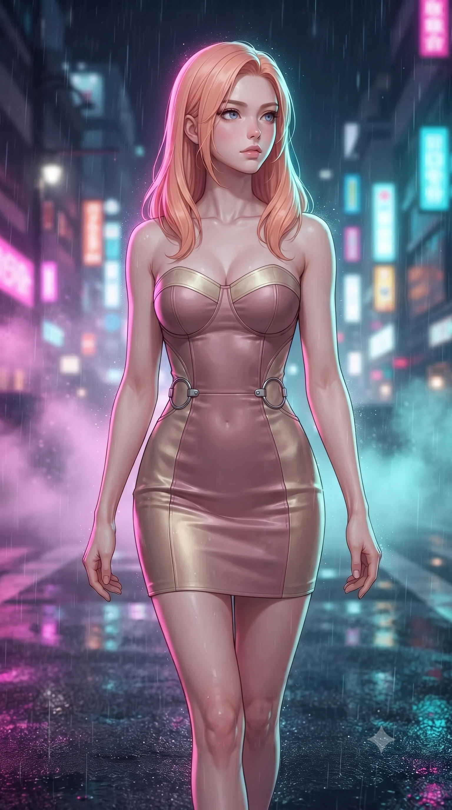 score_9, masterpiece, best quality, ultra-detailed, high-budget anime keyframe, editorial fashion photography, tasteful artistic composition, Japanese woman. close-up cowboy shot from the waist and thighs up, the character dominates the composition, filling the frame with her large presence, background elements kept in soft focus. Gazing past the camera with an air of effortless elegance and mysterious confidence walking across a wet asphalt street reflecting multi-color neon city lights, soft mist scattering vibrant magenta and cyan neon rim light around her form. She has an exceptionally elegant, slender, and willowy female figure with an ultra-slim waist, a gracefully sculpted slender torso, and a refined silhouette. sharp v-shaped jawline, high-bridge nose, intricate jewel-like eyes with depth, thick eyelashes, glossy lips with a natural sheen. wearing a modern fusion silk hanbok dress with a structured bodice in dusty rose and champagne gold, formed from sleek second-skin neoprene, accented with delicate chrome ring hardware framing her waist, the glove-like fit emphasizing her statuesque silhouette. surrounded by a vibrant, atmospheric city glow with glistening raindrops. highly saturated vibrant anime colors, detailed shading with soft gradients, rich glossy textures, high-contrast stereoscopic depth, volumetric dynamic lighting, master piece, 9:16 ratio