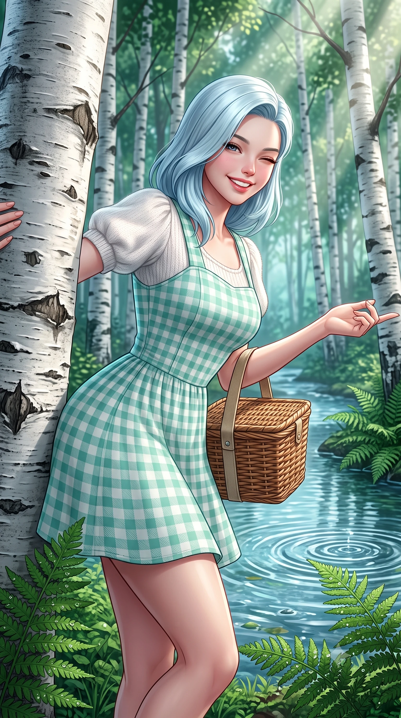 score_9, masterpiece, best quality, ultra-detailed, high-budget anime keyframe, semi-realistic 3D game render, editorial fashion photography, tasteful artistic composition, Korean woman. close-up cowboy shot from the waist and thighs up, the character dominates the composition, filling the frame with her large presence. extending one arm gracefully toward the scenery while turning back with an infectious, heartwarming smile while peeking playfully from behind a smooth white birch tree trunk with a charming wink and infectious bright smile. The surrounding environment is rendered in vivid detail and crisp panoramic clarity. distinct white birch bark textures, dewdrops on emerald fern fronds, and crystal stream ripples in deep focus. She has an exceptionally elegant, slender, and willowy female figure with an ultra-slim waist, a gracefully sculpted slender torso, toned flat midriff, and a refined slim silhouette. sharp v-shaped jawline, high-bridge nose, intricate jewel-like eyes with depth, thick eyelashes, glossy lips with a natural sheen, pure and lovely fresh girlhood expression, flawlessly proportioned anatomical accuracy, strict slender model proportions, natural body alignment, perfectly sculpted long slender limbs, ultra-slim waistline, clean dynamic posture without body distortion. wearing a charming pastel gingham pinafore dress layered over a soft white puff-sleeve blouse in refreshing mint green and crisp sea-salt white, knitted from ultra-soft cozy baby-cashmere yarn, accessorized with a rustic woven wicker bag and canvas strap, the soft airy drape swaying gracefully with her dynamic movements, emphasizing her tall willowy build and slim waistline. bathed in heavenly volumetric sunbeams piercing through the dense birch canopy. highly saturated vibrant anime colors, detailed shading with soft gradients, rich glossy textures, high-contrast stereoscopic depth, volumetric dynamic lighting, master piece, 9:16 ratio
