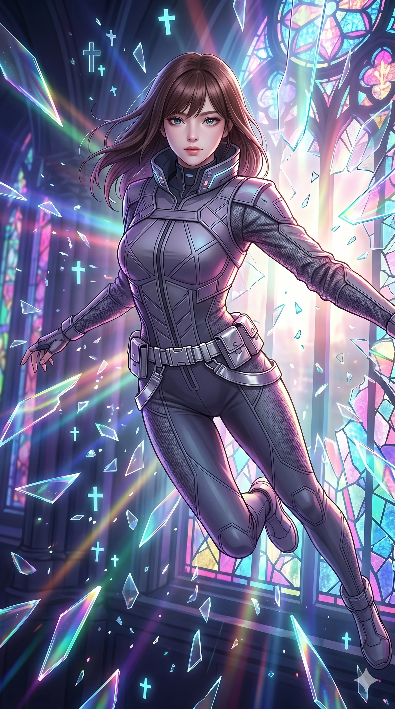 score_9, masterpiece, best quality, ultra-detailed, high-budget anime keyframe, Korean woman. Upper body close-up from the thighs up, character filling the screen for maximum presence. She is leaping through shattered stained glass of a neon-lit futuristic cathedral. She maintains a serene yet captivating expression amidst a rain of glowing shards and floating digital cross symbols. She has an absolutely perfect 8-heads proportion, a tall and elegant figure with a refined silhouette and a defined waistline. V-shaped jawline, high-bridge nose, intricate jewel-like eyes with depth, thick eyelashes, glossy lips with a natural sheen. She is wearing a high-fashion tech-jumpsuit featuring structured panel overlays across the torso and shoulders, accented by a metallic silver utility belt and textured fabric sleeves. The scene is backlit by intense multi-colored neon light rays and volumetric dawn light filtering through fog. 2k, ultra detail, master piece, 9:16 ratio