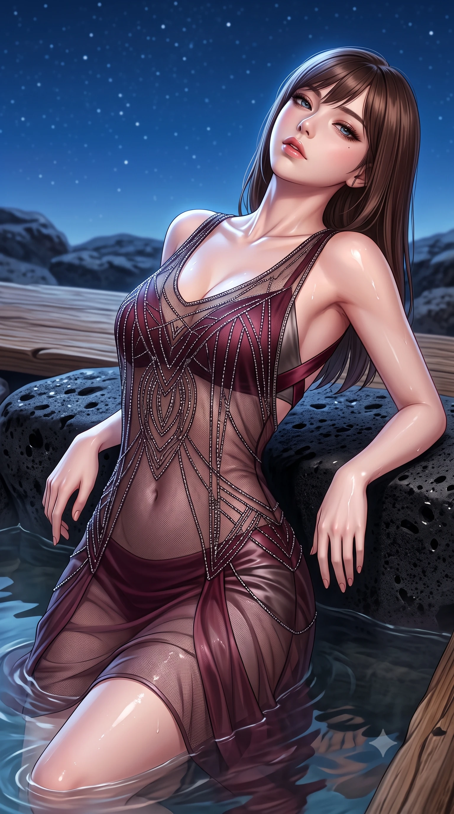 score_9, masterpiece, best quality, ultra-detailed, high-budget anime keyframe, semi-realistic 3D game render, editorial fashion photography, tasteful artistic composition, Korean woman. close-up cowboy shot from the waist and thighs up, the character dominates the composition, filling the frame with her large presence. leaning back with relaxed seductive grace, her sculpted collarbones and narrow waist highlighted as she casts smoldering bedroom-eyes directly into the camera while leaning back against a smooth black lava rock ledge, head tilted back toward the starry Arctic sky as warm water caresses her slender curves. The surrounding environment is rendered in vivid detail and crisp panoramic clarity. sharp porous black lava rock textures, distinct water droplet tracks on skin, and cedar wood grain in deep focus. She has an exceptionally elegant, slender, and willowy female figure with an ultra-slim waist, flat toned midriff, narrow ribcage, and sculpted feminine hips creating an alluring, slim hourglass silhouette without bulk. sharp v-shaped jawline, high-bridge nose, intricate jewel-like eyes with depth, thick eyelashes, glossy parted lips with a natural sheen, intensely captivating and seductive bedroom-eyes expression, flawlessly proportioned anatomical accuracy, strict slender model proportions, natural body alignment, perfectly sculpted long slender limbs, ultra-slim waistline, clean dynamic posture without body distortion. wearing a sheer vintage mesh flapper dress adorned with intricate geometric beadwork over an opaque silk slip in deep wine burgundy and brushed dark platinum, woven from layered gossamer chiffon with a weightless sweeping drape, finished with criss-cross back satin straps highlighting her graceful shoulder blades, the liquid-tight tailored fabric clinging flawlessly to her narrow waist and rounded feminine hips, emphasizing every millimeter of her sculpted slim hourglass curves without any bulky heaviness. illuminated by wet specular highlights accentuating her slender neckline, sculpted waist, and rounded hips. highly saturated vibrant anime colors, detailed shading with soft gradients, rich glossy textures, high-contrast stereoscopic depth, volumetric dynamic lighting, master piece, 9:16 ratio