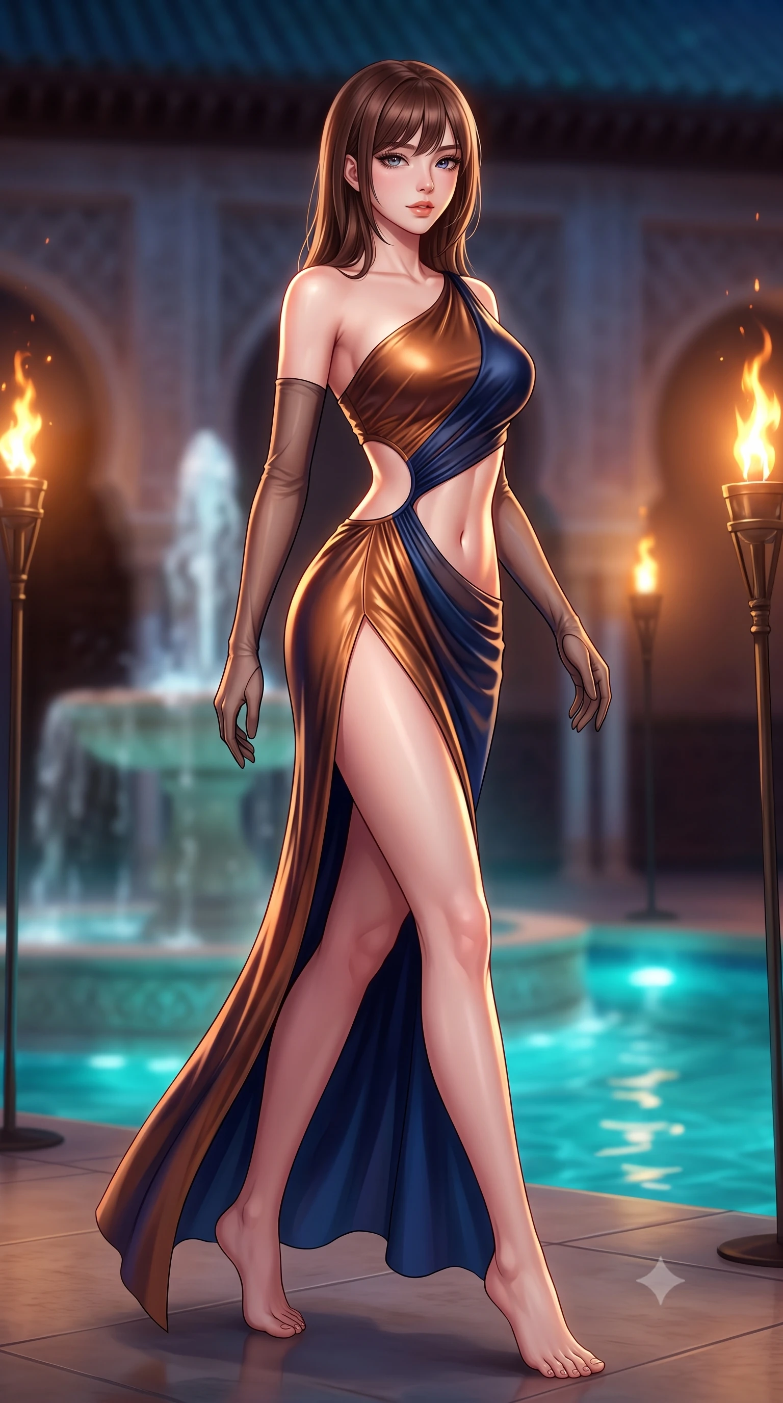 score_9, masterpiece, best quality, ultra-detailed, high-budget anime keyframe, semi-realistic 3D game render, editorial fashion photography, tasteful artistic composition, Korean woman. low angle full-body shot from head to toe showing her feet, filling the entire 9:16 vertical frame with her statuesque presence, stretching her vertical silhouette. walking along the terrace with poise, looking back over her bare shoulder with an irresistible smoldering bedroom-gaze while twisting her slender torso in an alluring S-curve, dancing torchlight and water reflections sculpting highlights across her flat midriff and hips. The background shows a soft-focus bubbling fountain water spouts softened in royal Moorish palace shallow focus. She has an absolutely perfect, statuesque 8.5-heads proportion, an exceptionally tall and slender model-like female figure with impossibly long slender legs, an ultra-slim waist, a flat toned midriff, narrow delicate ribcage, and beautifully sculpted feminine hips creating a graceful, slim hourglass silhouette without any bulky heaviness. sharp v-shaped jawline, high-bridge nose, sparkling eyes with hypnotic seductive depth, thick curled eyelashes, glossy parted lips with a natural dewy peach sheen, alluring bedroom-eyes with an enchanting coquettish smile, exuding magnetic siren charisma and sophisticated glamour, flawlessly proportioned anatomical accuracy, strict slender model proportions, natural body alignment, perfectly sculpted long slender limbs, ultra-slim waistline, clean dynamic posture without body distortion. wearing an asymmetric one-shoulder liquid jersey gown with dramatic hip-high slit and sculptural waist cutout in molten liquid bronze and deep sapphire navy, made of semi-opaque stretch illusion mesh with soft shadowy contours, complemented by sheer opera-length evening gloves tracing her slender arms, the glove-like clinging cut tightly following the natural contour of her hips and long slender legs with youthful 8.5-heads elegance. bathed in the warm dynamic flicker of real outdoor oil torches combined with turquoise submerged pool downlighting. highly saturated vibrant anime colors, detailed shading with soft gradients, rich glossy textures, high-contrast stereoscopic depth, volumetric dynamic lighting, master piece, 9:16 ratio