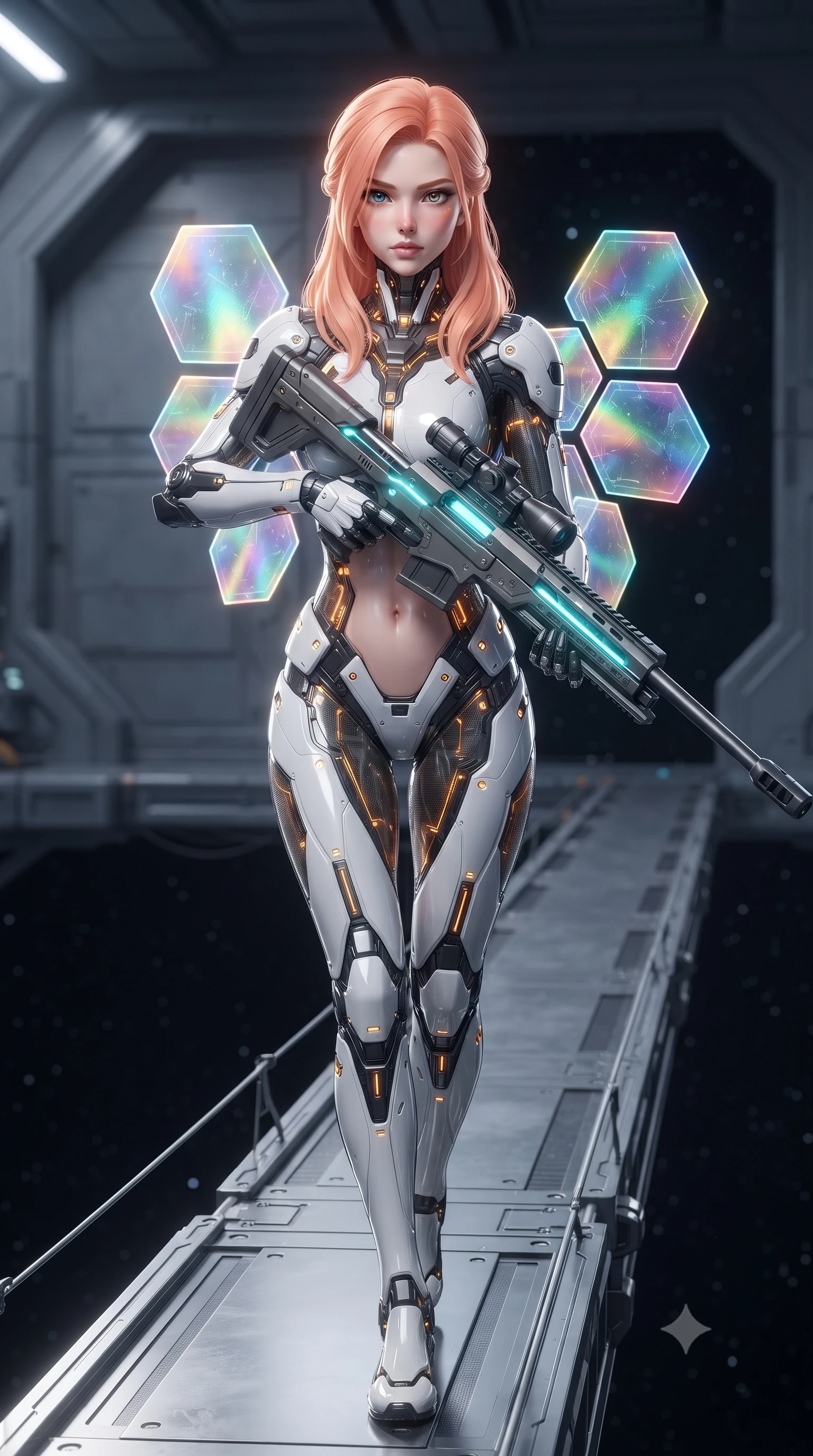 score_9, masterpiece, best quality, ultra-detailed, high-budget anime keyframe, editorial fashion photography, tasteful artistic composition, Japanese woman. close-up cowboy shot from the waist and thighs up, the character dominates the composition, filling the frame with her large presence. gazing forward with divine sovereign poise, captivating jewel-like eyes shining with transcendent focus while holding her weapon with effortless mastery while stepping along a suspended gantry extending into the starry void with sniper rifle held in a relaxed, sovereign posture. The composition keeps background elements in soft focus with creamy bokeh. massive hangar blast doors and starship docking clamps softened in smooth atmospheric depth of field. She has an exceptionally elegant, slender, and willowy female figure with an ultra-slim waist, a gracefully sculpted slender torso, toned flat midriff, and a refined slim silhouette. sharp v-shaped jawline, high-bridge nose, intricate jewel-like eyes with depth, thick eyelashes, glossy lips with a natural sheen, flawlessly proportioned anatomical accuracy, strict slender model proportions, natural body alignment, perfectly sculpted long slender limbs, ultra-slim waistline, clean dynamic posture without body distortion. wearing a high-contrast monochrome white-and-black carbon-composite exoskeleton suit with glowing amber circuitry, deploying floating hexagonal holographic energy shields with sovereign grace in high-gloss iridescent rainbow carbon with prism holographic sheen, crafted from semi-translucent cybernetic carbon-vinyl interwoven with glowing micro-filaments, finished with high-mobility articulation joints and miniature magnetic armor locks, the precision-cut daring openings accentuating her delicate midriff, graceful bare collarbones, and ultra-slim feminine waistline. illuminated by glowing cyan rifle charging lights and sharp specular highlights tracing her slender curves. ultra-reflective glossy finish, specular highlights, dark metallic sheen, high-contrast stereoscopic depth, volumetric dynamic lighting, 2k, ultra detail, master piece, 9:16 ratio