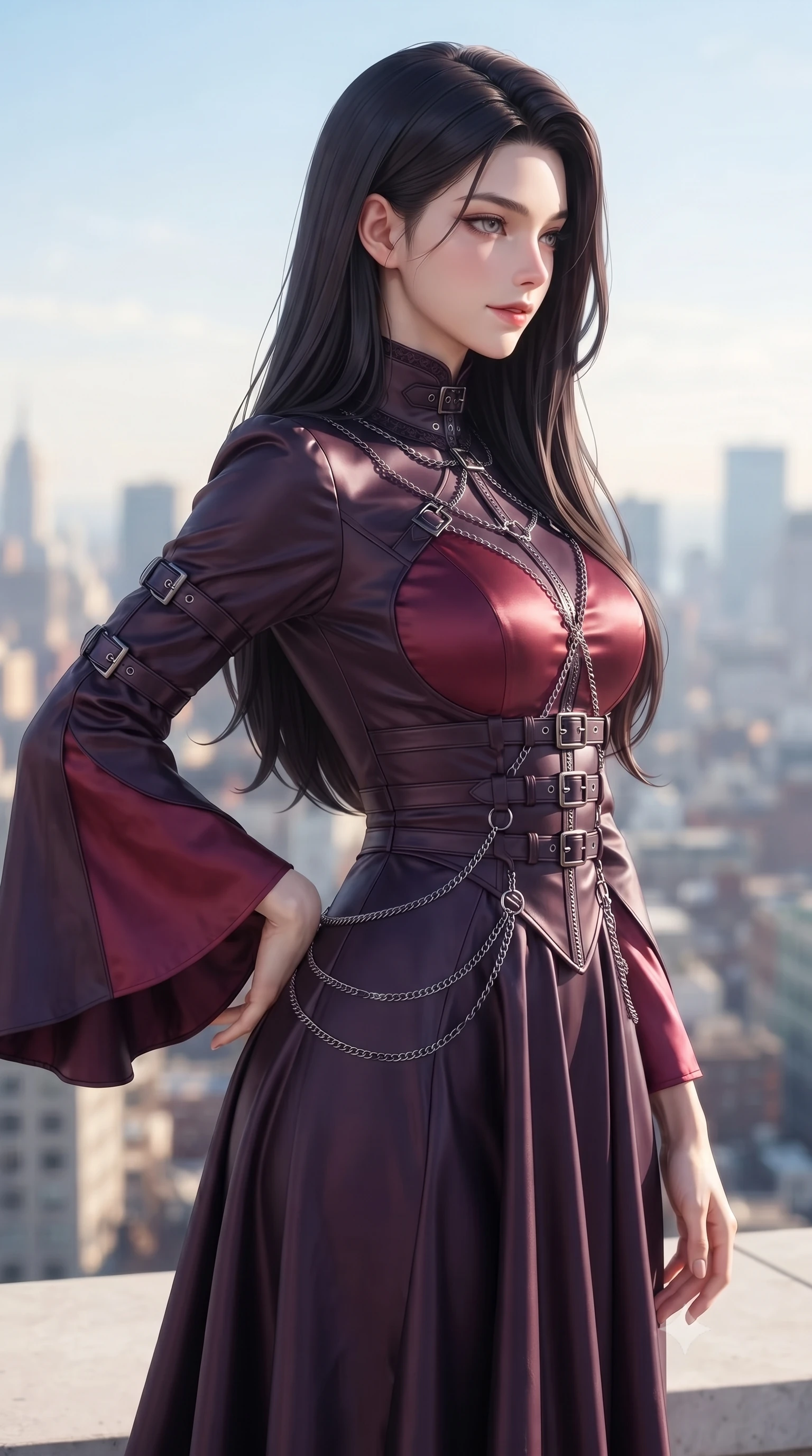 score_9, masterpiece, best quality, ultra-detailed, high-budget anime keyframe, editorial fashion photography, tasteful artistic composition, Korean woman. close-up cowboy shot from the waist and thighs up, the character dominates the composition, filling the frame with her large presence, background elements kept in soft focus. Glancing sidelong over her shoulder with a smoldering, enigmatic half-smile, looking out over a sun-drenched city skyline with relaxed elegance, crisp sky blue and white background providing high-definition contrast. She has an exceptionally elegant, slender, and willowy female figure with an ultra-slim waist, a gracefully sculpted slender torso, and a refined silhouette. sharp v-shaped jawline, high-bridge nose, intricate jewel-like eyes with depth, thick eyelashes, glossy lips with a natural sheen. wearing gothic high-collar dark plum silk evening gown with bell sleeves in dark plum violet, made of soft crimson satin, framed by dark titanium buckles and silver chain details, sculpting her athletic slender build with refined precision. illuminated by clear natural daylight and warm fill light from white stone. ultra-reflective glossy finish, specular highlights, metallic sheen, high-contrast stereoscopic depth, volumetric dynamic lighting, 2k, ultra detail, master piece, 9:16 ratio
