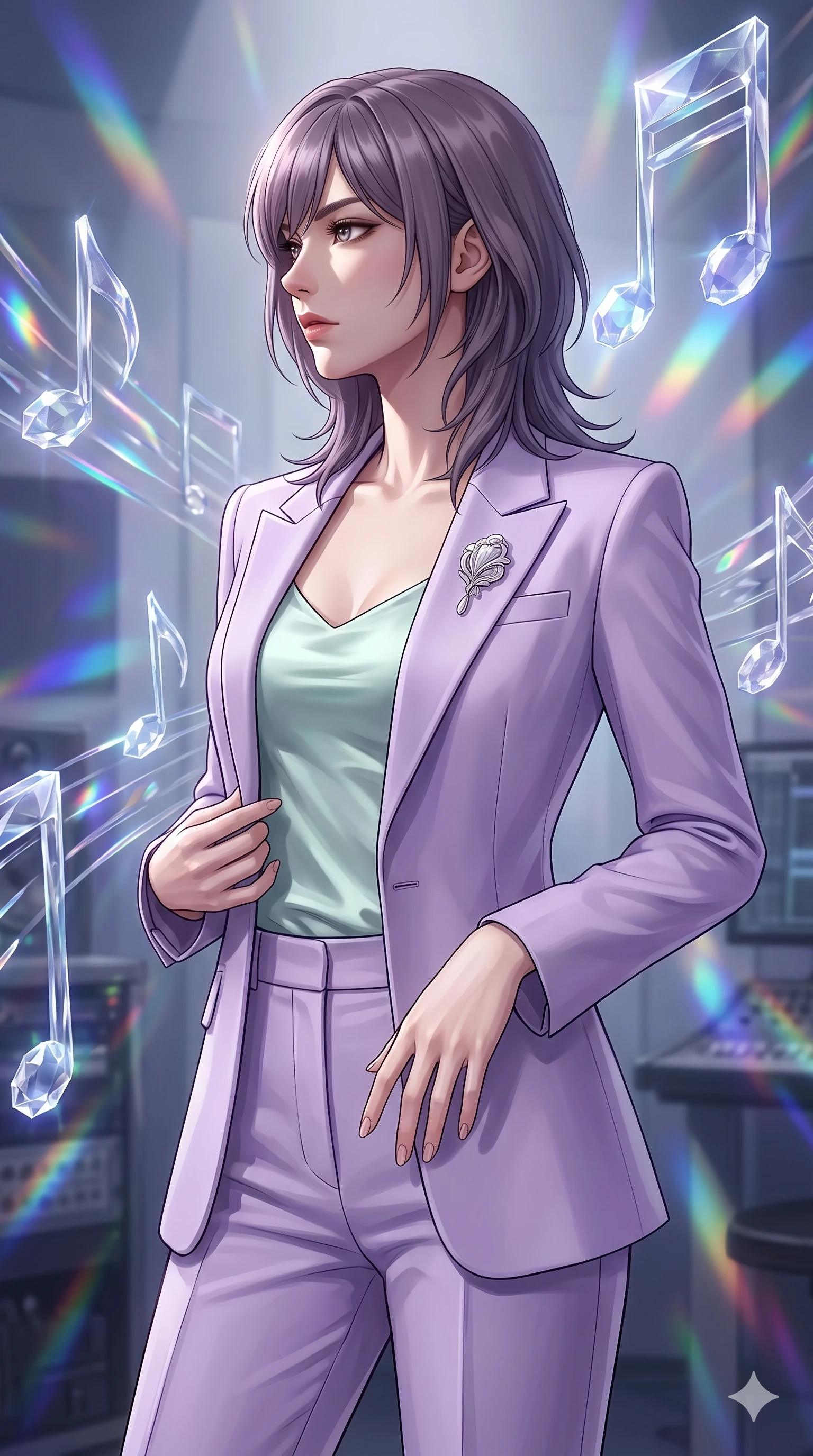 score_9, masterpiece, best quality, ultra-detailed, high-budget anime keyframe, editorial fashion photography, tasteful artistic composition, Japanese woman. close-up cowboy shot from the waist and thighs up, the character dominates the composition, filling the frame with her large presence, background elements kept in soft focus. Turning her face in sharp dramatic profile against the light. set against a soft-focus background of a music studio where powerful sound waves have frozen mid-propagation into crystalline structures in the air each transparent crystal formation humming with a different captured musical note. She has an exceptionally elegant and slender, willowy female figure with an ultra-slim waist, a gracefully sculpted slender torso, and a refined slim physique. sharp v-shaped jawline, high-bridge nose, intricate jewel-like eyes with depth, thick eyelashes, glossy lips with a natural sheen. wearing a tailored pastel lavender pantsuit with sharp shoulders, worn over a soft mint satin camisole and accented with a silver brooch. clear white studio lighting with prismatic refractions through the sound-wave crystals casting musical-frequency-colored spectrums of light across the walls. 2k, ultra detail, master piece, 9:16 ratio