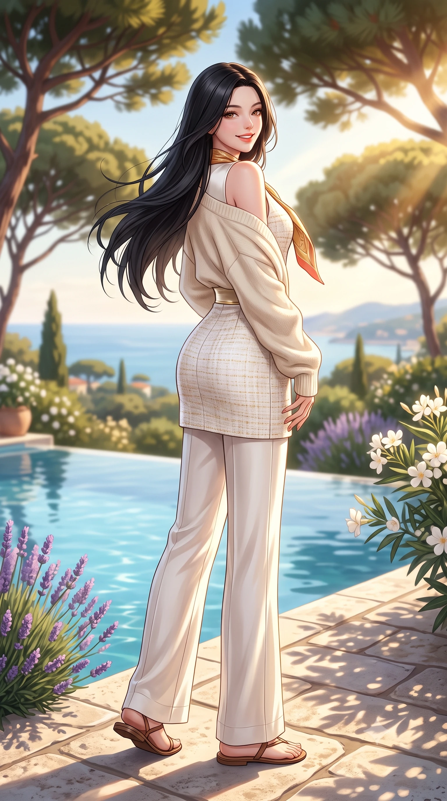 score_9, masterpiece, best quality, ultra-detailed, high-budget anime keyframe, semi-realistic 3D game render, editorial fashion photography, tasteful artistic composition, Korean woman. low angle full-body shot from head to toe showing her feet, filling the entire 9:16 vertical frame with her statuesque presence, stretching her vertical silhouette. posing with back turned slightly to the lens, glancing back with an enchanting, playful smile as she arches her lower back to emphasize her sculpted feminine hips and slender waist while twisting her slender torso in an alluring S-curve beside the infinity pool, warm pine-scented evening breezes catching her silk resort dress. The composition keeps background elements in soft focus with dreamy creamy bokeh. chic private villa gardens with lavender and white oleanders softened in haute Riviera shallow focus. She has an exceptionally tall and slender model-like 8.5-heads proportion, an ultra-slim waist, a flat toned midriff, narrow delicate ribcage, and beautifully sculpted feminine hips creating a graceful, slim hourglass silhouette without any bulky heaviness, with impossibly long slender legs. sharp v-shaped jawline, high-bridge nose, sparkling amber-hazel eyes with depth, long lush eyelashes, glossy sun-kissed lips with a warm coral glaze, radiant teasing smile with sensual sunlit bedroom-eyes, exuding effortless old-money elegance and intoxicating sun-drenched allure, flawlessly proportioned anatomical accuracy, strict slender model proportions, natural body alignment, perfectly sculpted long slender limbs, ultra-slim waistline, clean dynamic posture without body distortion. wearing a tailored satin resort vest worn closed against bare skin with high-waisted silk palazzo pants cinched at her narrow waist in pure alabaster white and molten gold accents, tailored from soft pastel resort tweed with subtle gold thread shimmer, complemented by an oversized soft cashmere knit cardigan slipping off one bare shoulder, the liquid-tight tailored fabric clinging flawlessly to her narrow waist and rounded feminine hips, emphasizing every millimeter of her sculpted slim hourglass curves without any bulky heaviness. bathed in horizontal golden hour sunbeams filtering through the umbrella pine canopy. highly saturated vibrant anime colors, detailed shading with soft gradients, rich glossy textures, high-contrast stereoscopic depth, volumetric dynamic lighting, master piece, 9:16 ratio