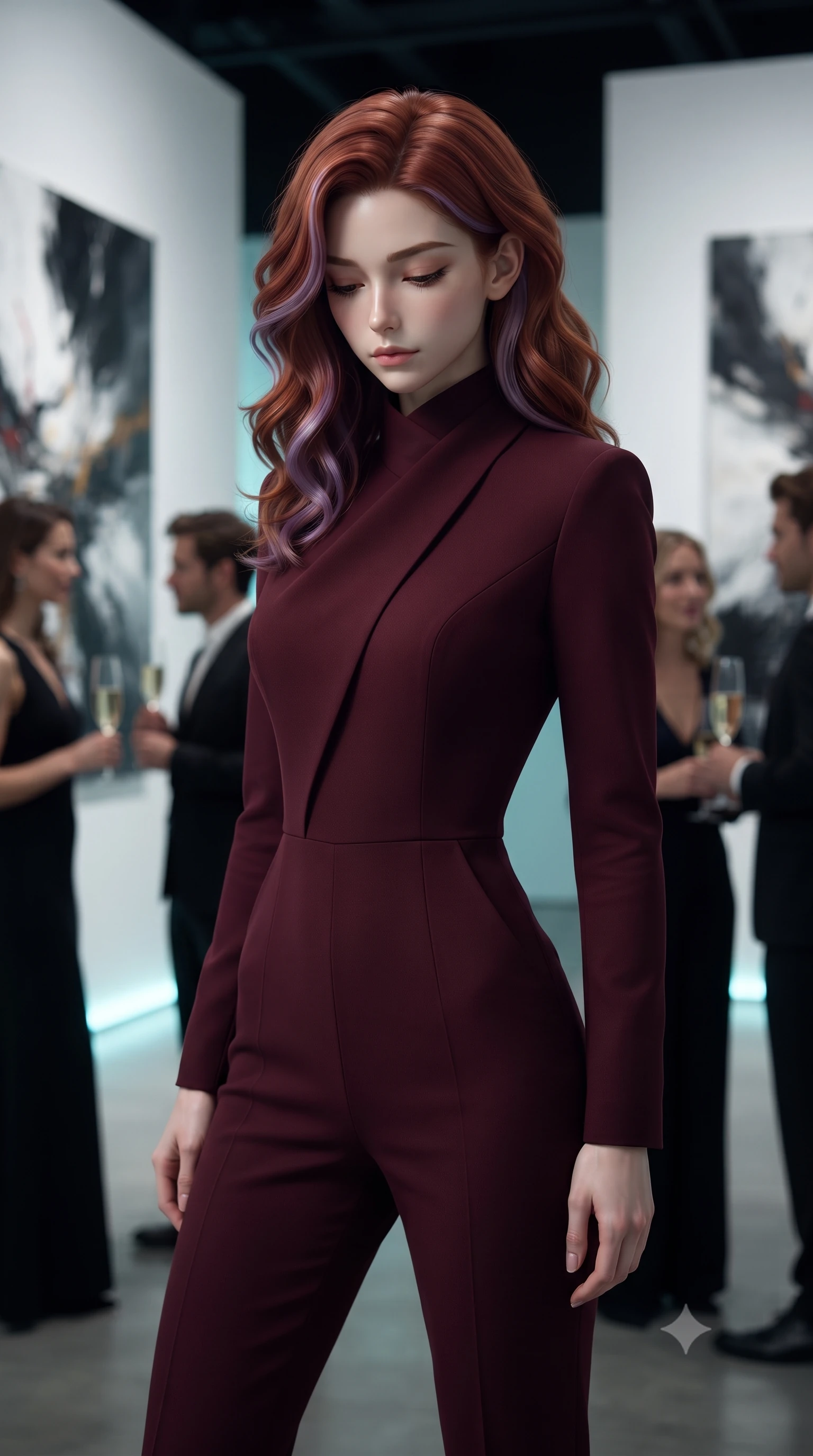 score_9, masterpiece, best quality, ultra-detailed, high-budget anime keyframe, editorial fashion photography, tasteful artistic composition, Caucasian woman, strictly human ears. close-up cowboy shot from the waist and thighs up, the character dominates the composition, filling the frame with her large presence, background elements kept in soft focus. Looking down with lowered lashes and a composed powerful expression. set against a soft-focus background of a prestigious contemporary art gallery on opening night with stark white walls displaying dramatic large-scale paintings elegant guests visible in soft focus and champagne flutes catching focused gallery lighting. She has an exceptionally elegant and slender, willowy female figure with an ultra-slim waist, a gracefully sculpted slender torso, and a refined slim physique. sharp v-shaped jawline, high-bridge nose, intricate jewel-like eyes with depth, thick eyelashes, glossy lips with a natural sheen. wearing a precision-tailored jumpsuit in deep burgundy with a high wrap-front neck, highlighting her slim waist and long legs. soft aqua bioluminescent light making her skin luminously glow against darkness. 2k, ultra detail, master piece, 9:16 ratio