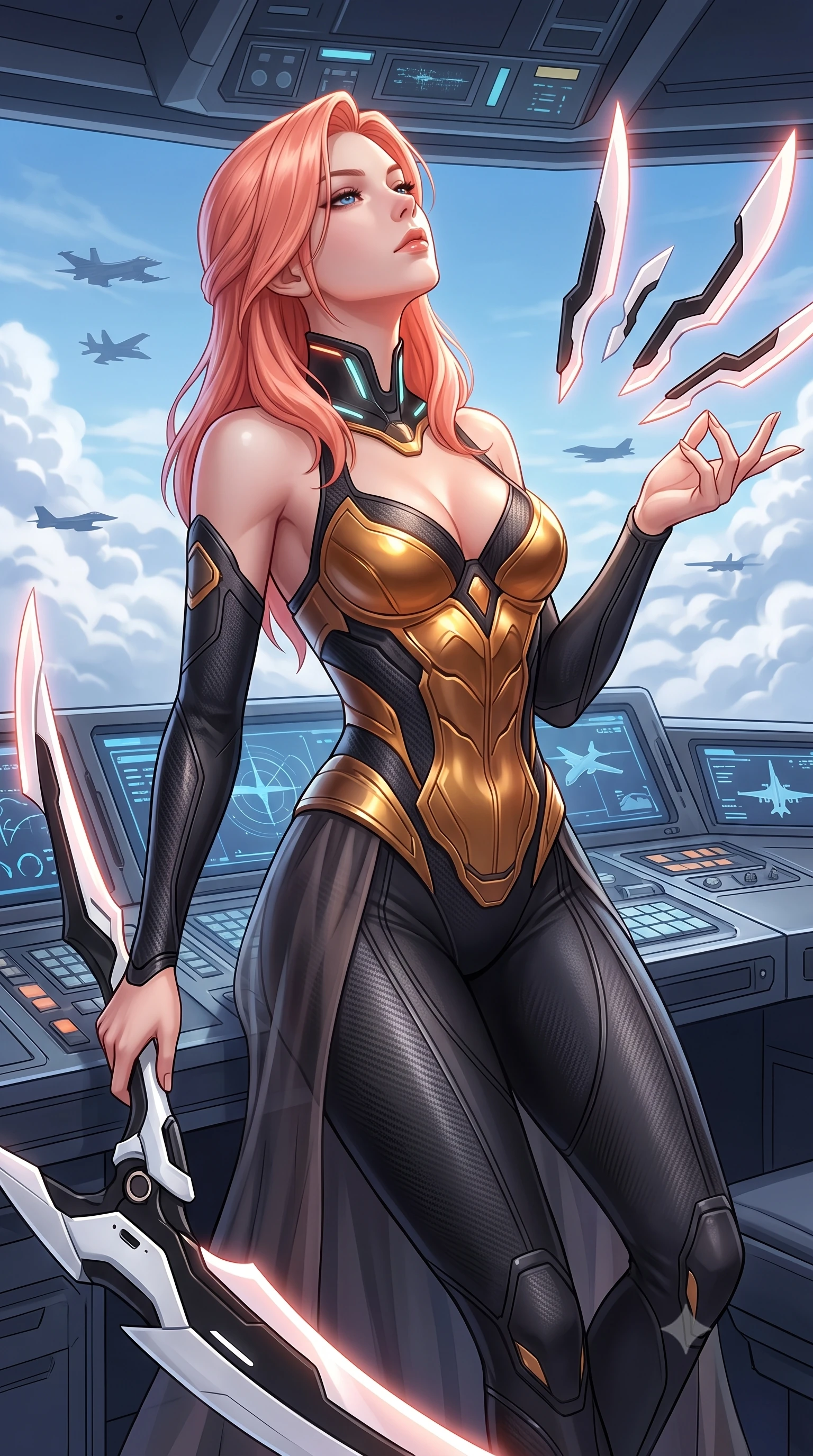 score_9, masterpiece, best quality, ultra-detailed, high-budget anime keyframe, semi-realistic 3D game render, editorial fashion photography, tasteful artistic composition, Japanese woman. close-up cowboy shot from the waist and thighs up, the character dominates the composition, filling the frame with her large presence. tilting her head back with serene regal elegance, her sharp jawline and sculpted collarbones highlighted by glowing weapon energy reflections while leaning against a flight control console with one hand extended, directing the floating blades with graceful finger gestures. The surrounding environment is rendered in vivid detail and crisp panoramic clarity. intricate carbon-fiber commander suit embroidery, distant cloud vapor crests, and aircraft silhouettes in high clarity. She has an exceptionally elegant, slender, and willowy female figure with an ultra-slim waist, a gracefully sculpted slender torso, toned flat midriff, and a refined slim silhouette. sharp v-shaped jawline, high-bridge nose, intricate jewel-like eyes with depth, thick eyelashes, glossy lips with a natural sheen, flawlessly proportioned anatomical accuracy, strict slender model proportions, natural body alignment, perfectly sculpted long slender limbs, ultra-slim waistline, clean dynamic posture without body distortion. wearing a sculpted molten-gold and dark carbon cuirass paired with high-mobility combat leggings and sheer side drapes, wielding a glowing plasma energy scythe with fluid grace in monochrome white enamel carbon with high-contrast black panels, made of lightweight aerodynamic carbon-titanium alloy with polished edge bevels, featuring a sleek aerodynamic collar framed by subtle glowing cybernetic status LEDs, the precision-cut daring openings accentuating her delicate midriff, graceful bare collarbones, and ultra-slim feminine waistline. surrounded by an elevated, supreme, and radiantly commanding aerospace goddess aura. rich saturated anime colors with glowing neon highlights, detailed shading with soft gradients, rich glossy textures, high-contrast stereoscopic depth, volumetric dynamic lighting, master piece, 9:16 ratio