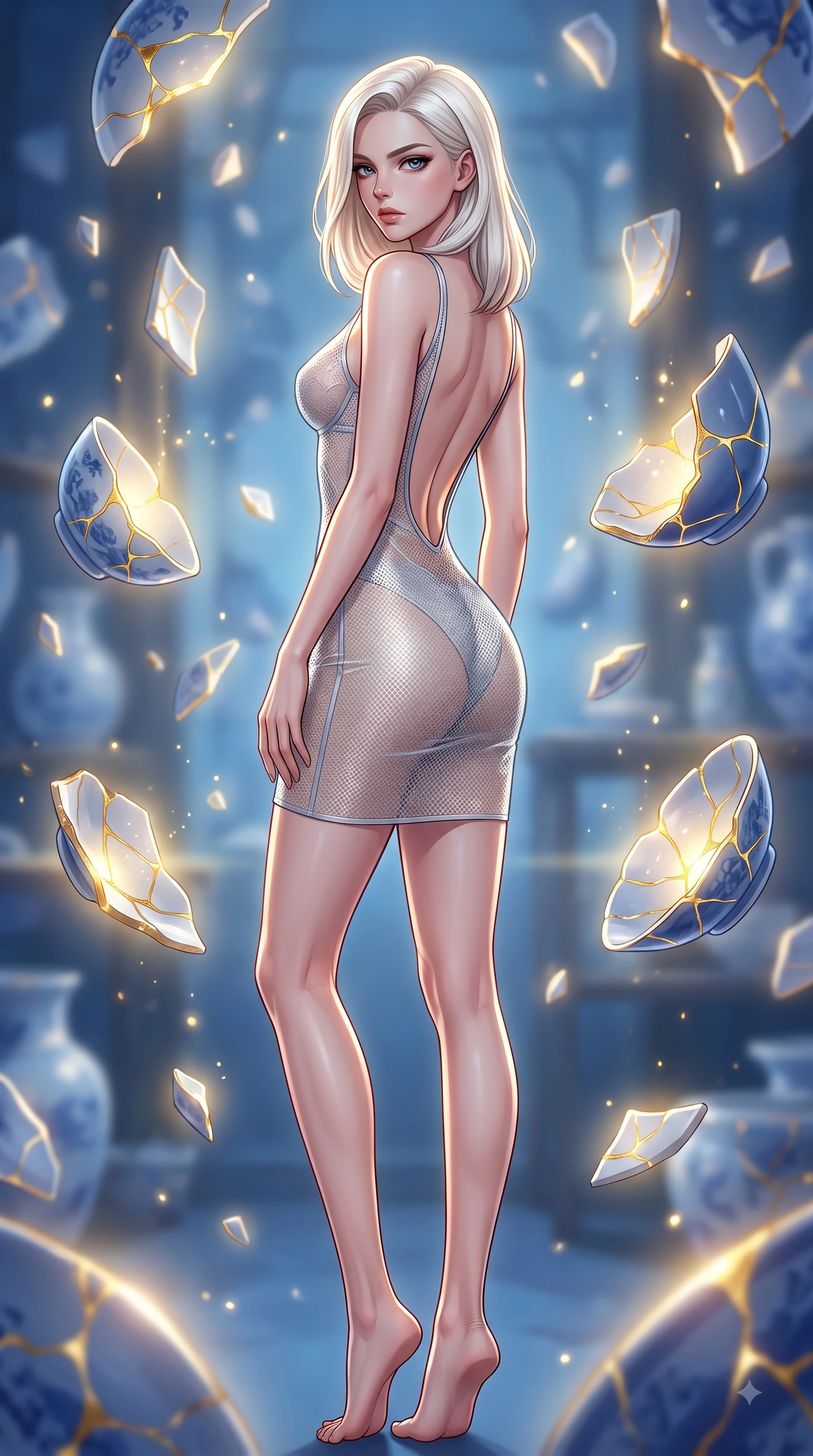score_9, masterpiece, best quality, ultra-detailed, high-budget anime keyframe, editorial fashion photography, tasteful artistic composition, Caucasian woman woman. low angle full-body shot from head to toe showing her feet, filling the entire 9:16 vertical frame with her statuesque presence, stretching her vertical silhouette. She has an absolutely perfect, statuesque 8.5-heads proportion, an exceptionally tall and slender model-like female figure with impossibly long slender legs and an ultra-slim waist. turning fluidly while glancing back over her shoulder with magnetic intensity and statuesque grace, flawlessly proportioned anatomical accuracy, natural body alignment, perfectly sculpted elegant limbs, clean dynamic posture without body distortion. set against a soft-focus background of a floating blue porcelain workshop with levitating kintsugi shards. wearing a translucent silver mesh bodycon dress with sheer lace bustier cups and open back. bathed in gold ethereal light radiating from gold cracks in floating ceramics with intense inner glow. highly saturated vibrant anime colors, detailed shading with soft gradients, rich glossy textures, high-contrast stereoscopic depth, volumetric dynamic lighting, master piece, 9:16 ratio