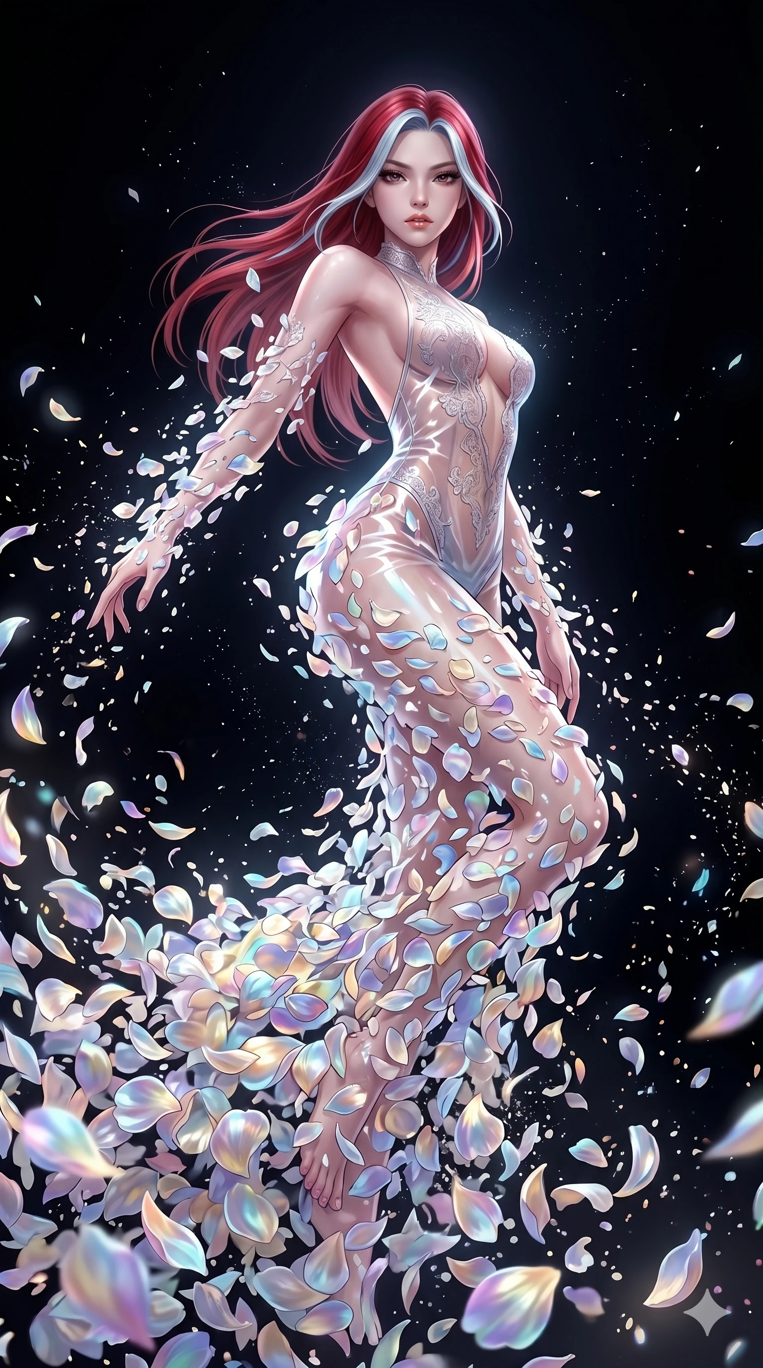 score_9, masterpiece, best quality, ultra-detailed, High-budget Anime Keyframe, East Asian woman. Low angle cowboy shot filling the entire 9:16 frame with her statuesque presence. Scenario 91: Dissolving into a cloud of iridescent silk petals in a void. Her presence is magnetic and overpowering in this high-budget anime scene. Outfit 91: A translucent PVC dangerous with a backless design and delicate lace embroidery. The clothing is designed to emphasize her exceptionally tall and slender 8-heads proportion. 8-heads proportion, towering silhouette, ultra-slim waist. sharp v-shaped jawline, intricate jewel-like eyes with depth, thick eyelashes, glossy lips. 2k, ultra detail, master piece, 9:16 ratio