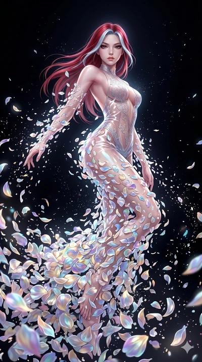 score_9, masterpiece, best quality, ultra-detailed, High-budget Anime Keyframe, East Asian woman. Low angle cowboy shot filling the entire 9:16 frame with her statuesque presence. Scenario 91: Dissolving into a cloud of iridescent silk petals in a vo