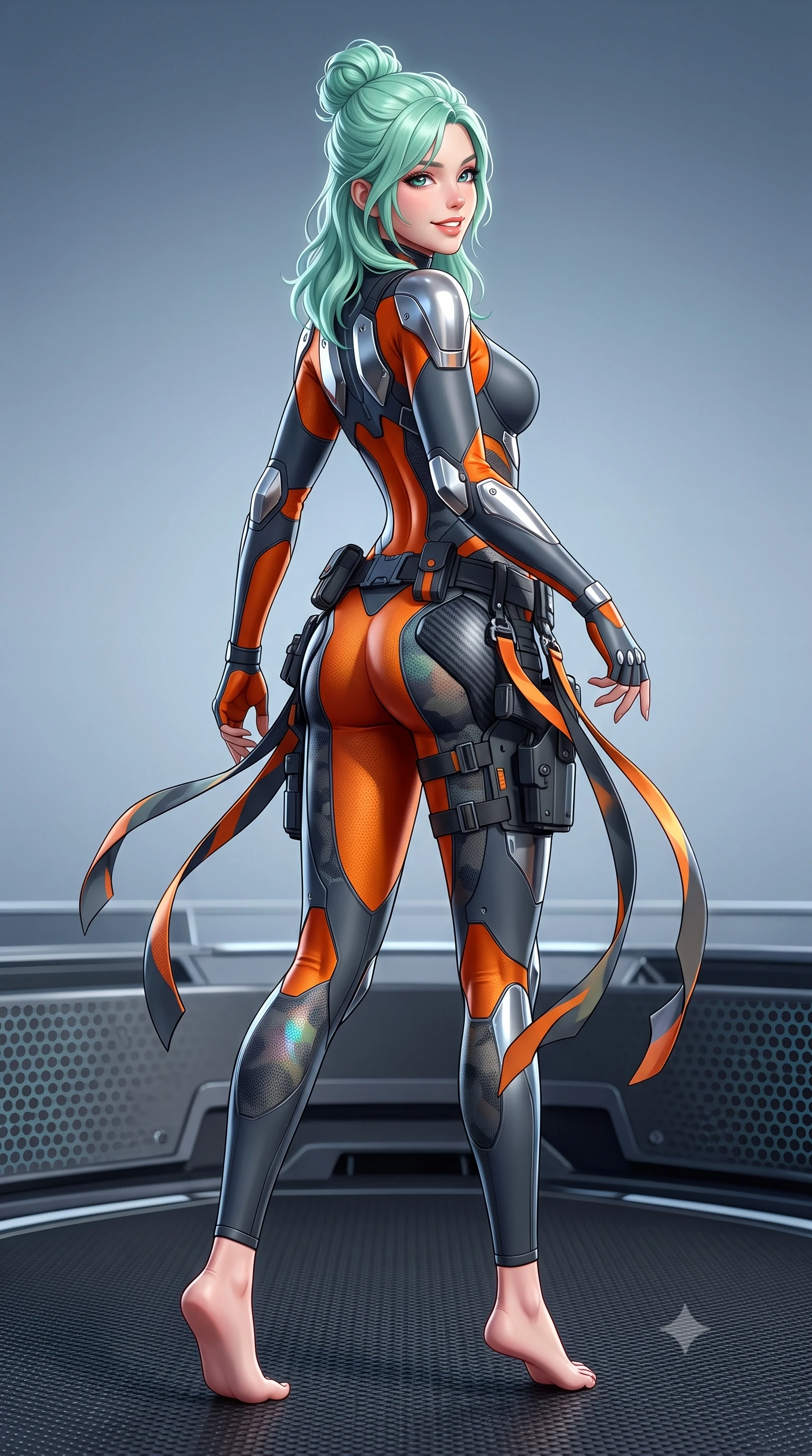 score_9, masterpiece, best quality, ultra-detailed, high-budget anime keyframe, semi-realistic 3D game render, editorial fashion photography, tasteful artistic composition, Japanese woman. low angle full-body shot from head to toe showing her feet, filling the entire 9:16 vertical frame with her statuesque presence, stretching her vertical silhouette. executing a cheerful mid-motion pivot turn as her tactical belt and ribbons flutter around her slender legs, glancing over her shoulder with an intoxicating, teasing bedroom-gaze while walking silently across the radar-absorbent matte black deck, arching her back with sovereign covert-ops grace. The surrounding environment is rendered in vivid detail and crisp panoramic clarity: sharp matte carbon-nanotube deck coating texture, cloaking emitter hexagonal micro-patterns, and weapon holster clasps in deep focus. She has an absolutely perfect, statuesque 8.5-heads proportion, an exceptionally tall and slender model-like female figure with impossibly long slender legs, an ultra-slim waist, a flat toned midriff, narrow delicate ribcage, and beautifully sculpted feminine hips creating a graceful, slim hourglass silhouette without any bulky heaviness. sharp v-shaped jawline, high-bridge nose, intricate jewel-like sparkling eyes with depth, thick eyelashes, glossy parted lips with a natural sheen, bright confident smile with an enchanting and coquettish sensual glint, exuding both youthful magnetic charm and sovereign high-tech allure, flawlessly proportioned anatomical accuracy, strict slender model proportions, natural body alignment, perfectly sculpted long slender limbs, ultra-slim waistline, clean dynamic posture without body distortion. wearing a second-skin cybernetic stealth suit with active-camo optical mesh and sculpted carbon hip guards in stealth charcoal slate and molten laser orange, made of supple second-skin compression stretch jersey clinging flawlessly to her form, accented with strategically placed chrome armor plate guards covering key curves, the aerodynamic second-skin silhouette tightly following the natural contour of her hips and long slender legs with youthful 8.5-heads elegance. illuminated by active-camouflage iridescent shimmers and sharp silver rim lights sculpting her razor-sharp jawline, narrow waist, and curvy hips. highly saturated vibrant anime colors, detailed shading with soft gradients, rich glossy textures, high-contrast stereoscopic depth, volumetric dynamic lighting, master piece, 9:16 ratio