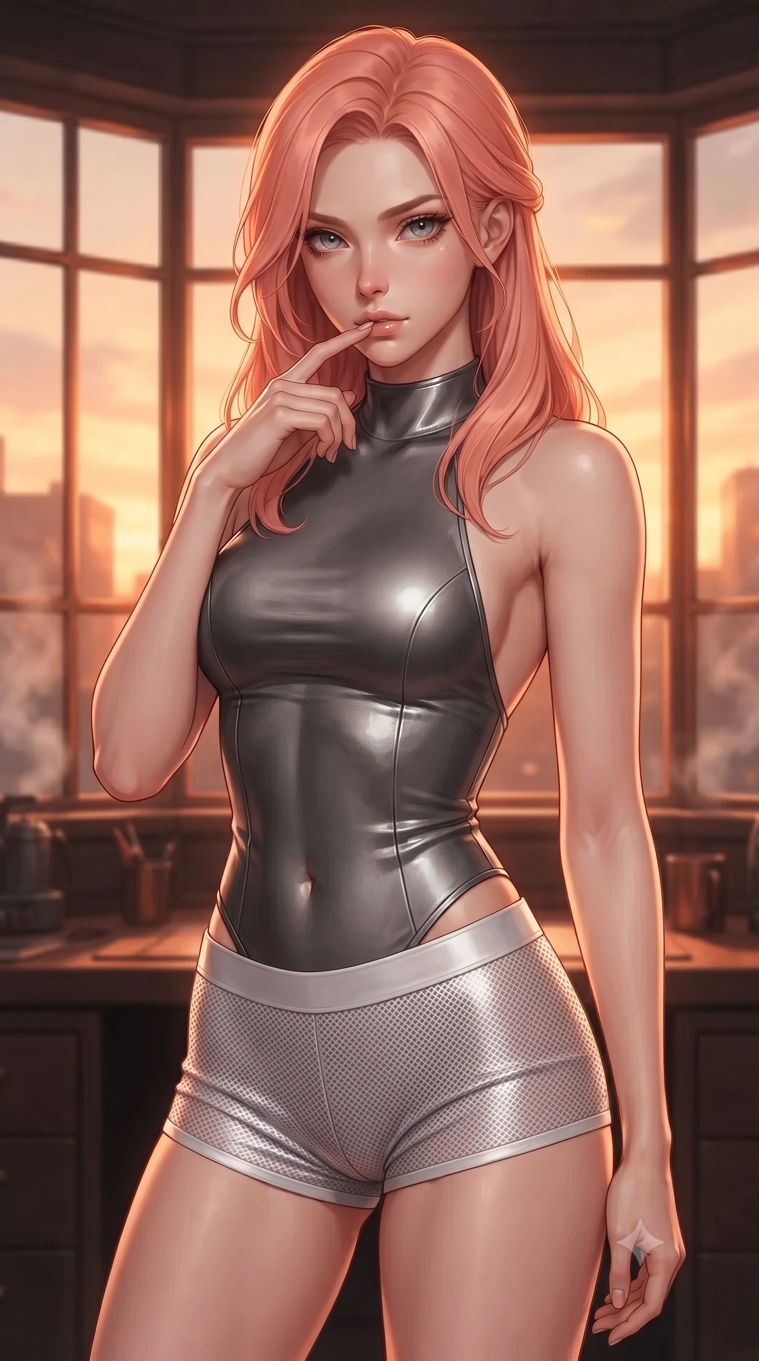 score_9, masterpiece, best quality, ultra-detailed, high-budget anime keyframe, editorial fashion photography, tasteful artistic composition, Japanese woman. close-up cowboy shot from the waist and thighs up, the character dominates the composition, filling the frame with her large presence, background elements kept in soft focus. pressing one finger to her bottom lip in a thoughtful, composed gesture, locking eyes with the viewer, the background shows a soft-focus a private office engine cabin with glass windows showing steam vents. She has an exceptionally elegant, slender, and willowy female figure with an ultra-slim waist, a gracefully sculpted slender torso, and a refined silhouette. sharp v-shaped jawline, high-bridge nose, intricate jewel-like eyes with depth, thick eyelashes, glossy lips with a natural sheen. wearing a form-contouring backless combat halter top in charcoal grey, paired with white carbon-mesh micro-shorts. warm sunset light filtering through copper window grids, painting the room in orange. ultra-reflective glossy finish, specular highlights, metallic sheen, high-contrast stereoscopic depth, volumetric dynamic lighting, 2k, ultra detail, master piece, 9:16 ratio