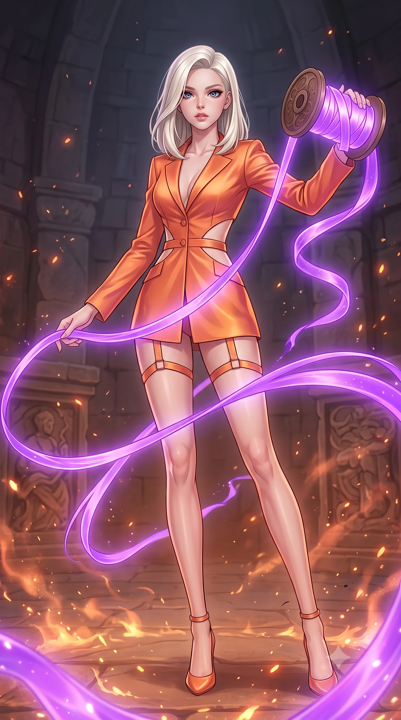 score_9, masterpiece, best quality, ultra-detailed, High-budget Anime Keyframe, Caucasian woman, strictly human ears. Dynamic full-body shot stretching the vertical silhouette to the limit. Scenario 541: unravelling a spool of glowing violet ribbon in a quiet chamber filled with glowing embers and floating ash particles. Her presence is magnetic and overpowering in this high-budget anime scene. Outfit 541: a tailored sunset orange liquid silk jacket with strategic waist cut-outs and slender leg straps. The clothing is designed to emphasize her exceptionally tall and slender 8-heads proportion. 8-heads proportion, towering silhouette, ultra-slim waist. sharp v-shaped jawline, intricate jewel-like eyes with depth, thick eyelashes, glossy lips. 2k, ultra detail, master piece, 9:16 ratio