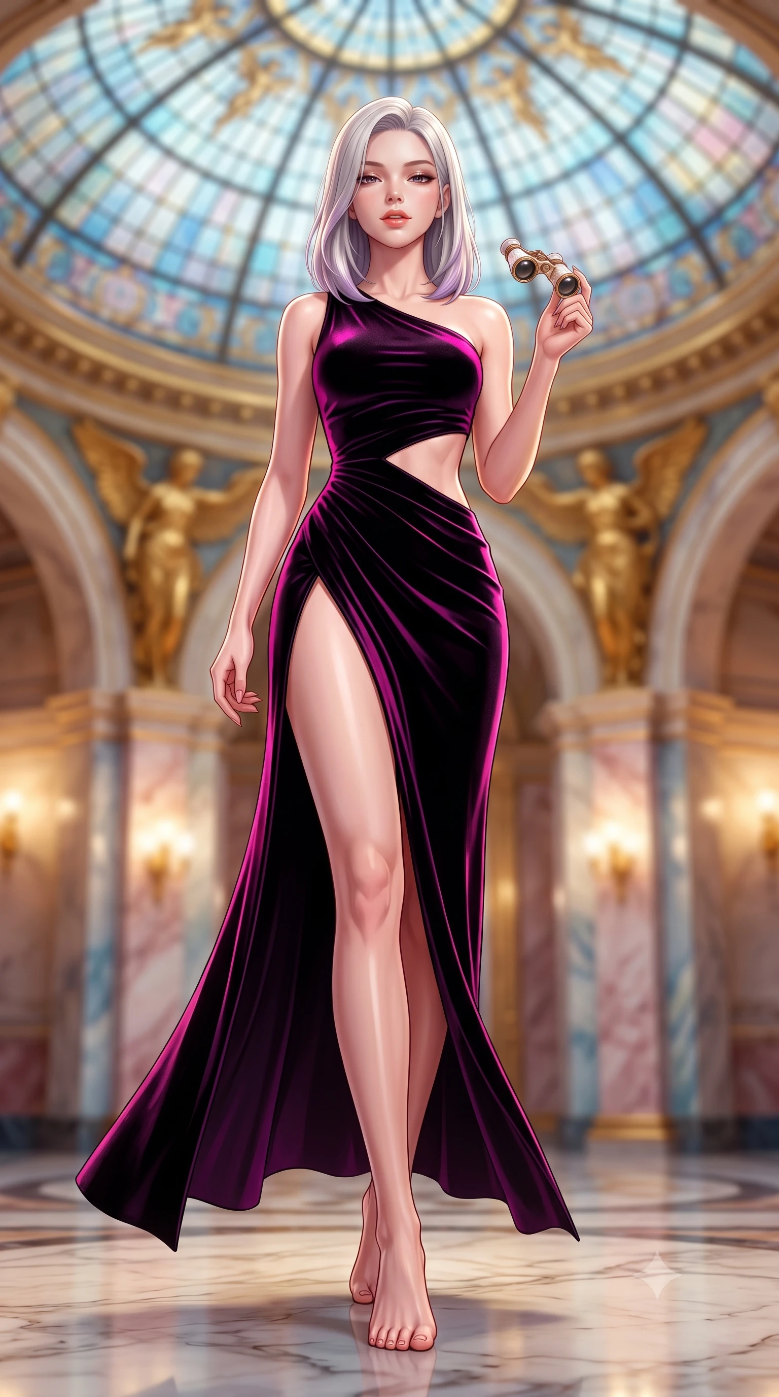 score_9, masterpiece, best quality, ultra-detailed, high-budget anime keyframe, semi-realistic 3D game render, editorial fashion photography, tasteful artistic composition, Caucasian woman. low angle full-body shot from head to toe showing her feet, filling the entire 9:16 vertical frame with her statuesque presence, stretching her vertical silhouette. stepping slowly toward the camera with hypnotic grace, hips swaying in an alluring sensual rhythm that accentuates her curvy hourglass silhouette and long slender legs while twisting her slender torso in an alluring contrapposto stance, shimmering ceiling mosaic tiles mirroring her narrow waist and rounded hips. The background shows a soft-focus circular glass mosaic ceiling dome, gilded sculptured figures, and marble arches blurred into gold, azure, and rose-quartz bokeh. She has an absolutely perfect, statuesque 8.5-heads proportion, an exceptionally tall and slender model-like female figure with impossibly long slender legs, an ultra-slim waist, a flat toned midriff, narrow delicate ribcage, and beautifully sculpted feminine hips creating a graceful, slim hourglass silhouette without any bulky heaviness. sharp v-shaped jawline, high-bridge nose, sparkling eyes with hypnotic seductive depth, thick curled eyelashes, glossy parted lips with a natural dewy peach sheen, alluring bedroom-eyes with an enchanting coquettish smile, exuding magnetic siren charisma and sophisticated glamour, flawlessly proportioned anatomical accuracy, strict slender model proportions, natural body alignment, perfectly sculpted long slender limbs, ultra-slim waistline, clean dynamic posture without body distortion. wearing an asymmetric one-shoulder liquid jersey dancer gown with dramatic hip-high slit and waist cutout in wet-look onyx black with electric magenta reflections, tailored from ultra-plush velvet with rich tactile depth and deep shadow gradients, accented with an antique mother-of-pearl opera glass held casually in one hand, the liquid-tight tailored fabric clinging flawlessly to her narrow waist and rounded feminine hips, emphasizing every millimeter of her sculpted slim hourglass curves without any bulky heaviness. bathed in warm 2800K gilded sconce radiance reflecting off gold leaf and mosaic glass. highly saturated vibrant anime colors, detailed shading with soft gradients, rich glossy textures, high-contrast stereoscopic depth, volumetric dynamic lighting, master piece, 9:16 ratio