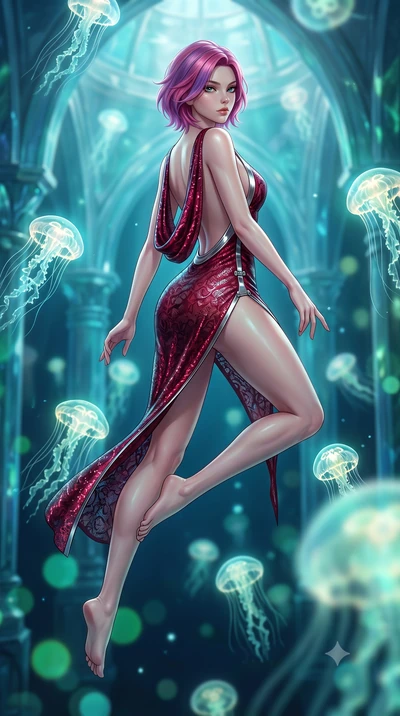 score_9, masterpiece, best quality, ultra-detailed, high-budget anime keyframe, semi-realistic 3D game render, editorial fashion photography, tasteful artistic composition, Caucasian woman. low angle full-body shot from head to toe showing her feet, 