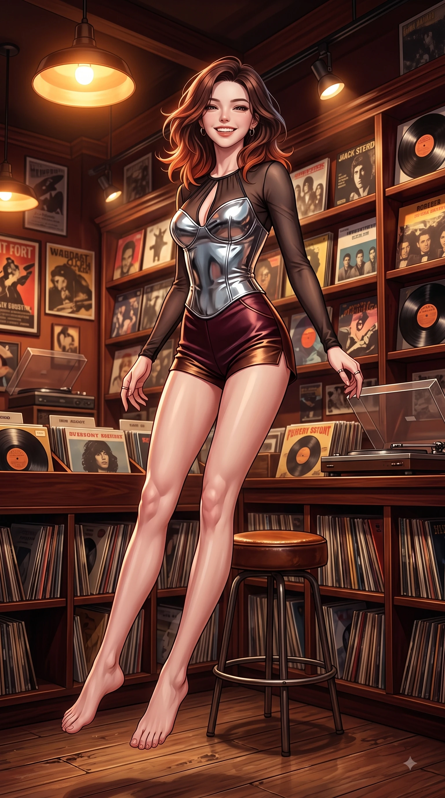 score_9, masterpiece, best quality, ultra-detailed, high-budget anime keyframe, editorial fashion photography, tasteful artistic composition, Korean woman. low angle full-body shot from head to toe showing her feet, filling the entire 9:16 vertical frame with her statuesque presence, stretching her vertical silhouette. leaping with pure youthful energy through mid-air with a radiant bright smile, her impossibly long slender legs stretched in balance while resting on a leather stool under warm amber record store lamps with a cozy joyful grin, thousands of rare vintage vinyl record sleeves displayed along warm wooden shelves. She has an absolutely perfect, statuesque 8.5-heads proportion, an exceptionally tall and slender model-like female figure with impossibly long slender legs and an ultra-slim waist. sharp v-shaped jawline, high-bridge nose, intricate jewel-like eyes with depth, thick eyelashes, glossy lips with a natural sheen, flawlessly proportioned anatomical accuracy, natural body alignment, perfectly sculpted elegant limbs, clean dynamic posture without body distortion. wearing a chrome-plated structured bodice worn over a sheer mesh top and micro-shorts in deep burgundy and bronze, crafted from lustrous satin jersey with fluid draping, accented with a Tasteful chest slit framing her clavicle gracefully, the form-contouring material highlighting her ultra-slim waist and long lines. illuminated by cozy directional spotlights and rich mahogany reflections. highly saturated vibrant anime colors, detailed shading with soft gradients, rich glossy textures, high-contrast stereoscopic depth, volumetric dynamic lighting, master piece, 9:16 ratio